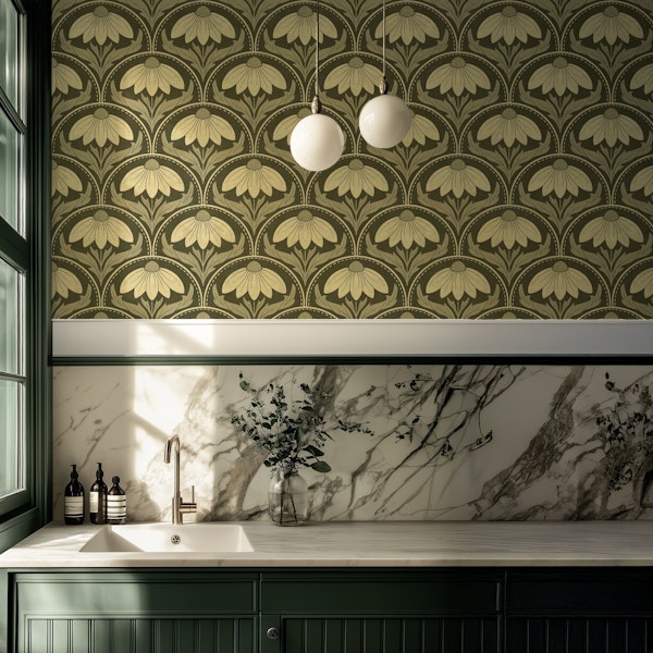 Scalloped Flowers in Dark Green and Cream