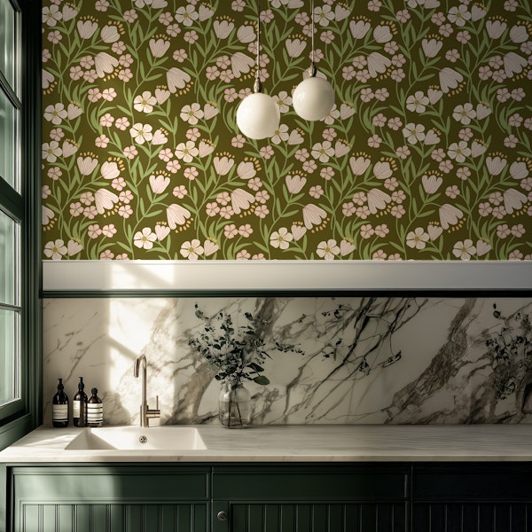 Olive Green Floral Patternwith Pink Flowers
