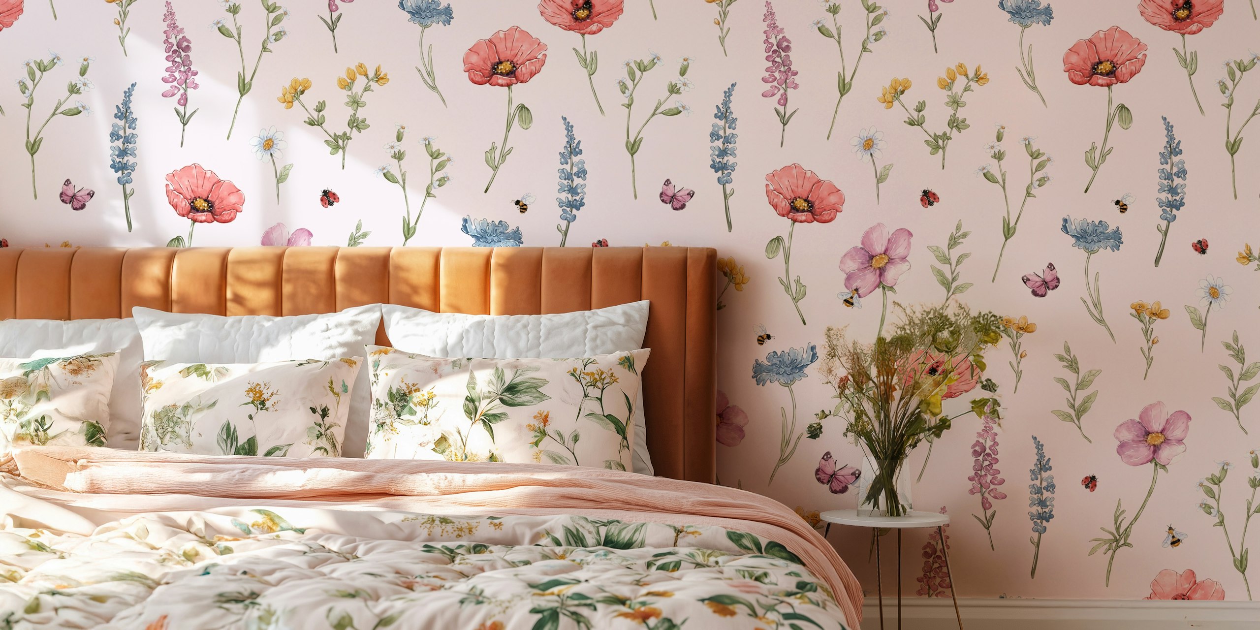 Polish Meadow - pink floral wallpaper in a room
