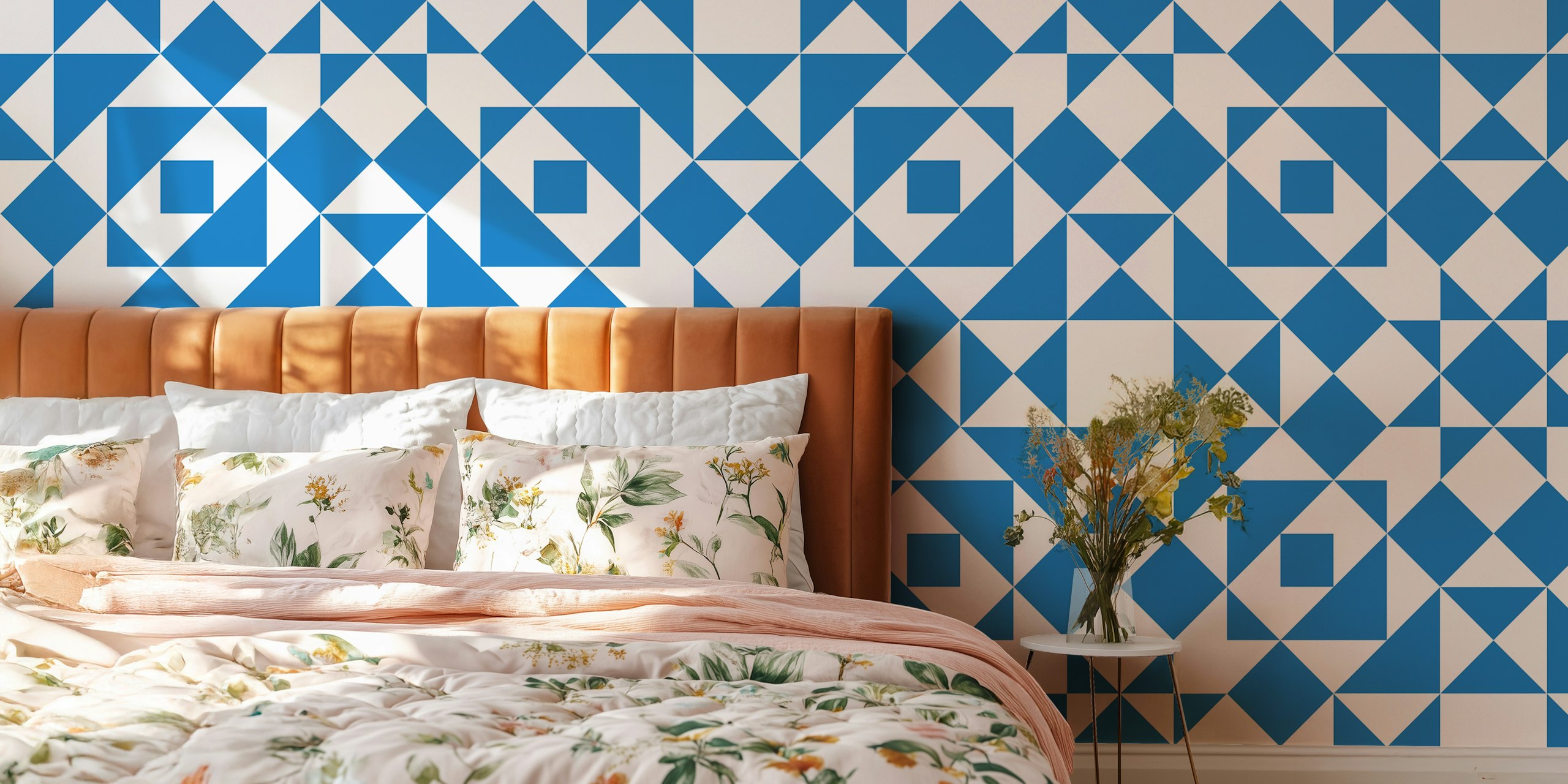 Victorian tiles patchwork wallpaper in blue and white