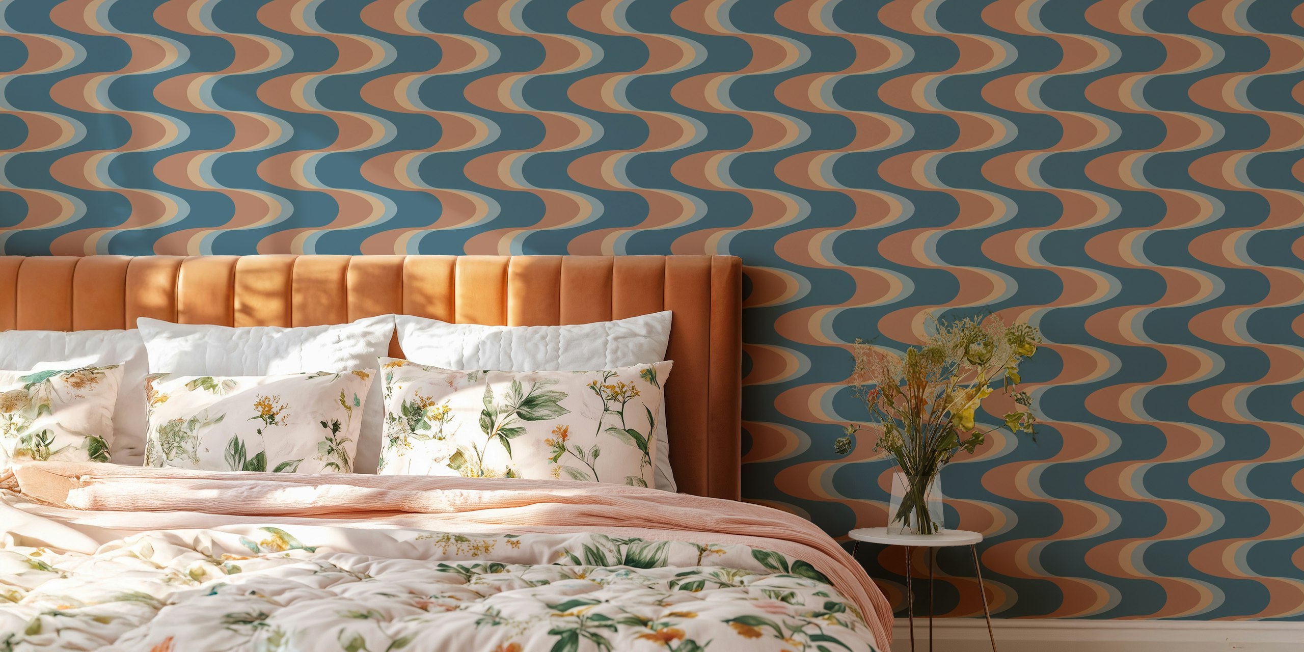 Retro wavy stripes in mocha, blue and light cream wallpaper