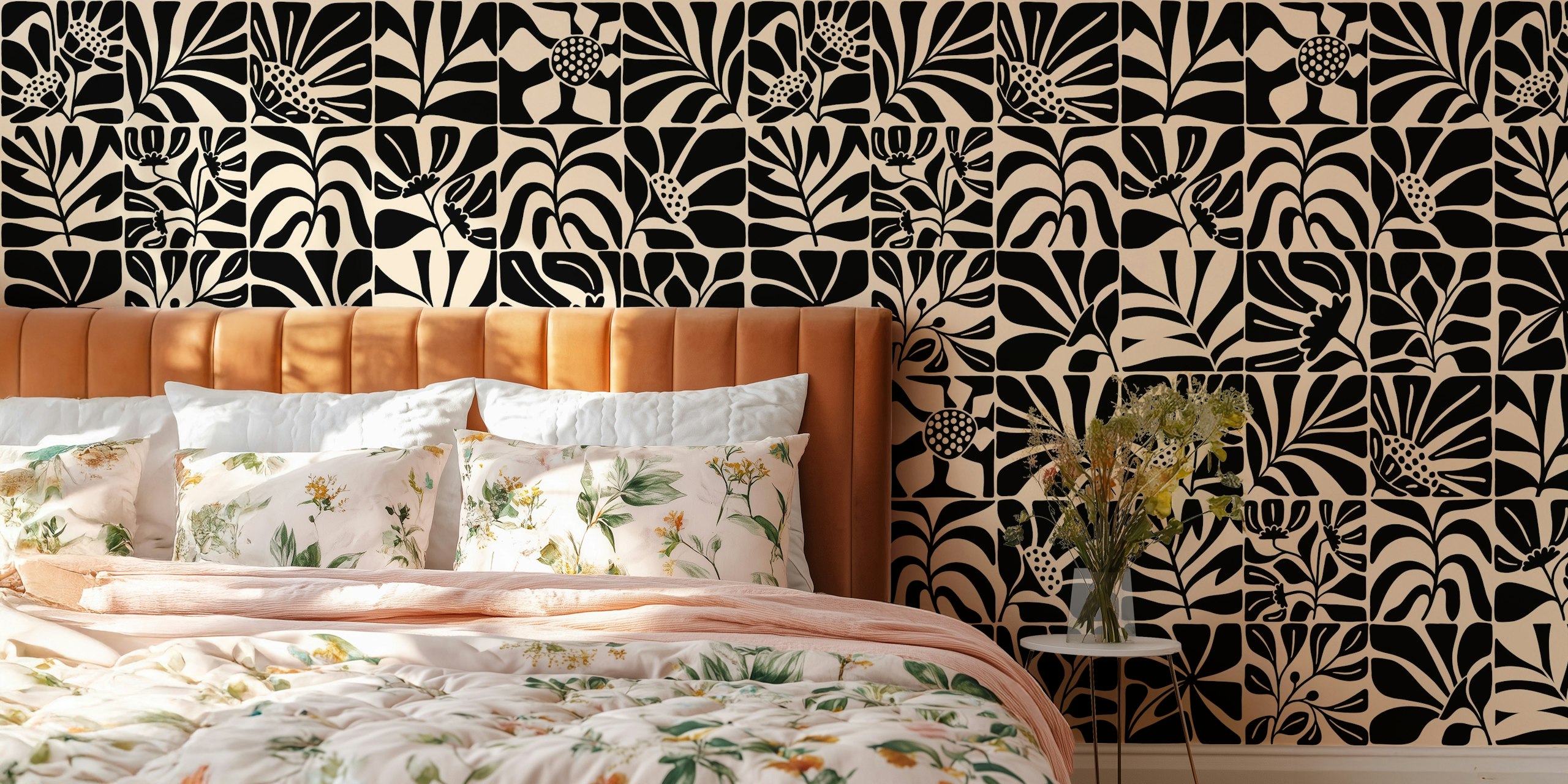 Black minimalist floral tiles pattern wallpaper