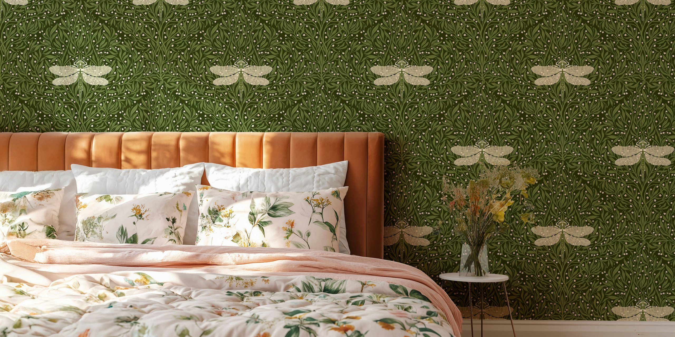 Leaves and flowers wallpaper in a room