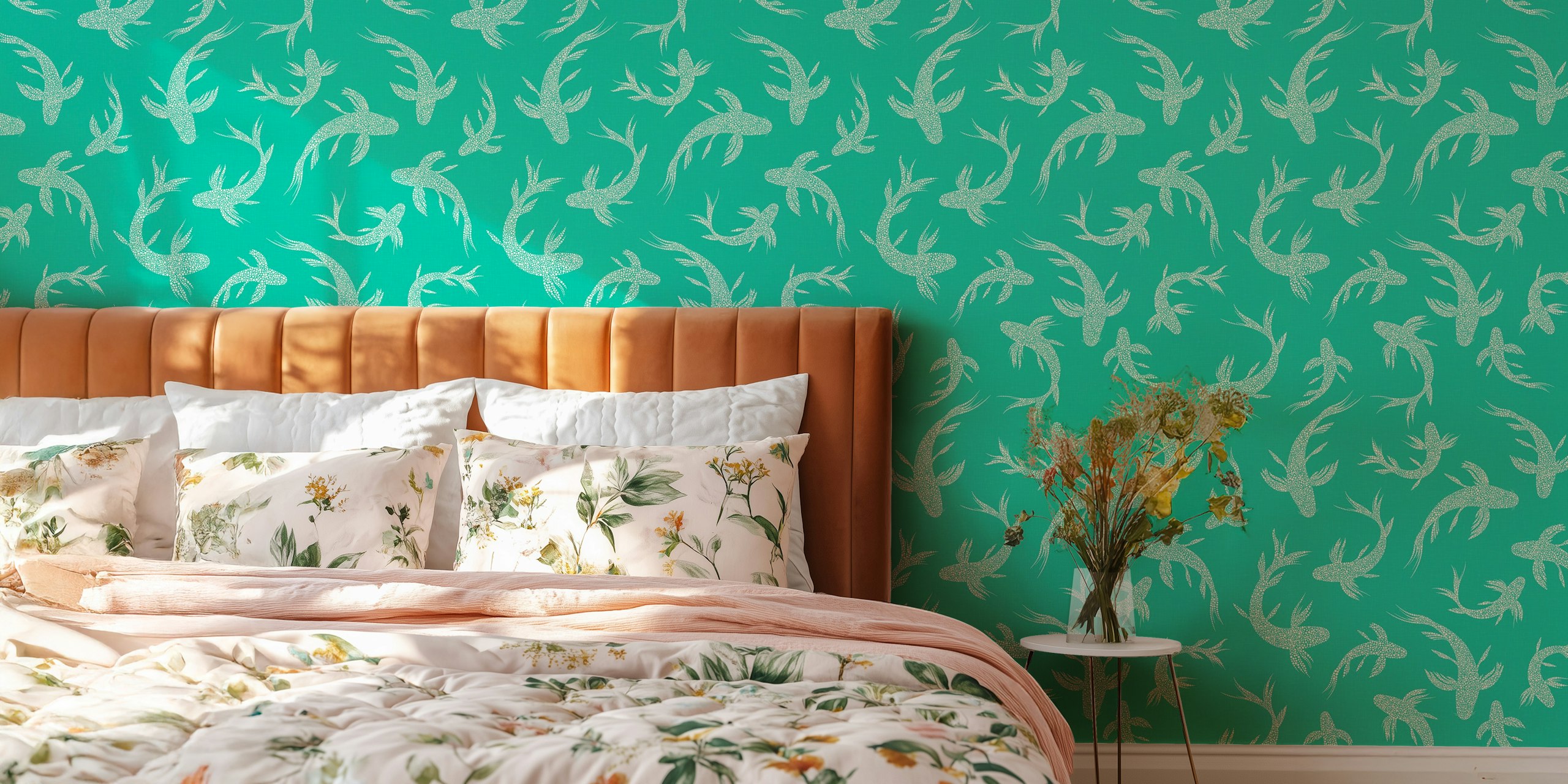 Aqua green wallpaper featuring koi fish in white, whimsical design