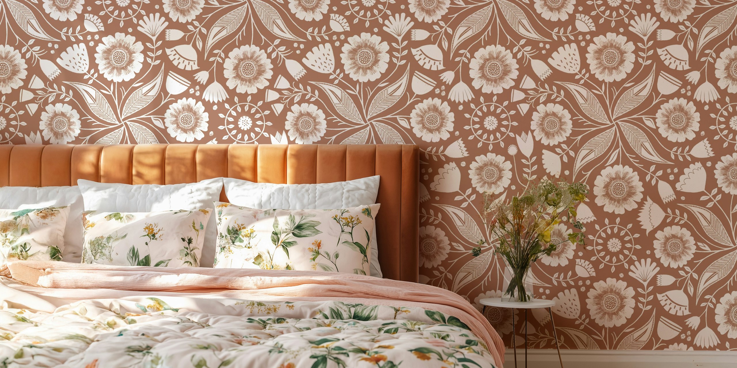 Floral pattern wallpaper with white flowers and leaves on mocha brown background