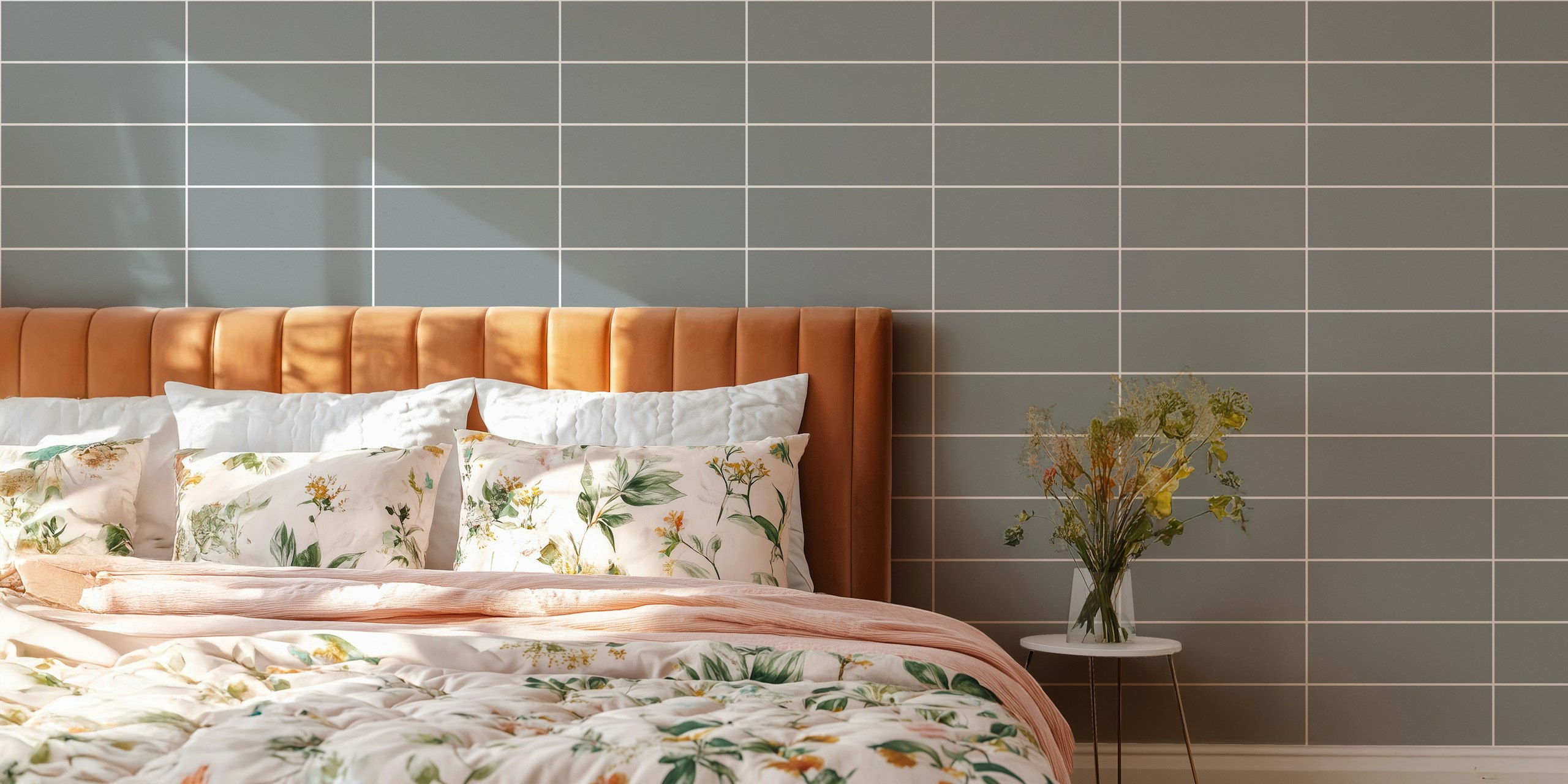 Gray and white horizontal grid pattern wallpaper in a room