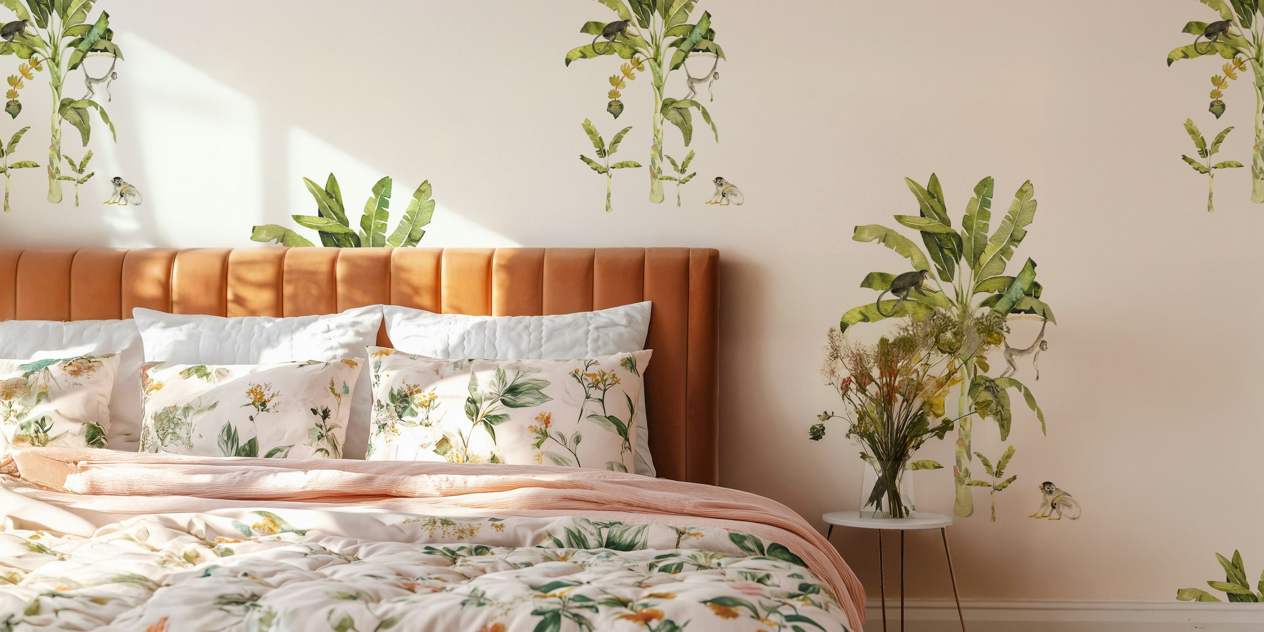 Tropical jungle scene with monkeys and green plants wallpaper