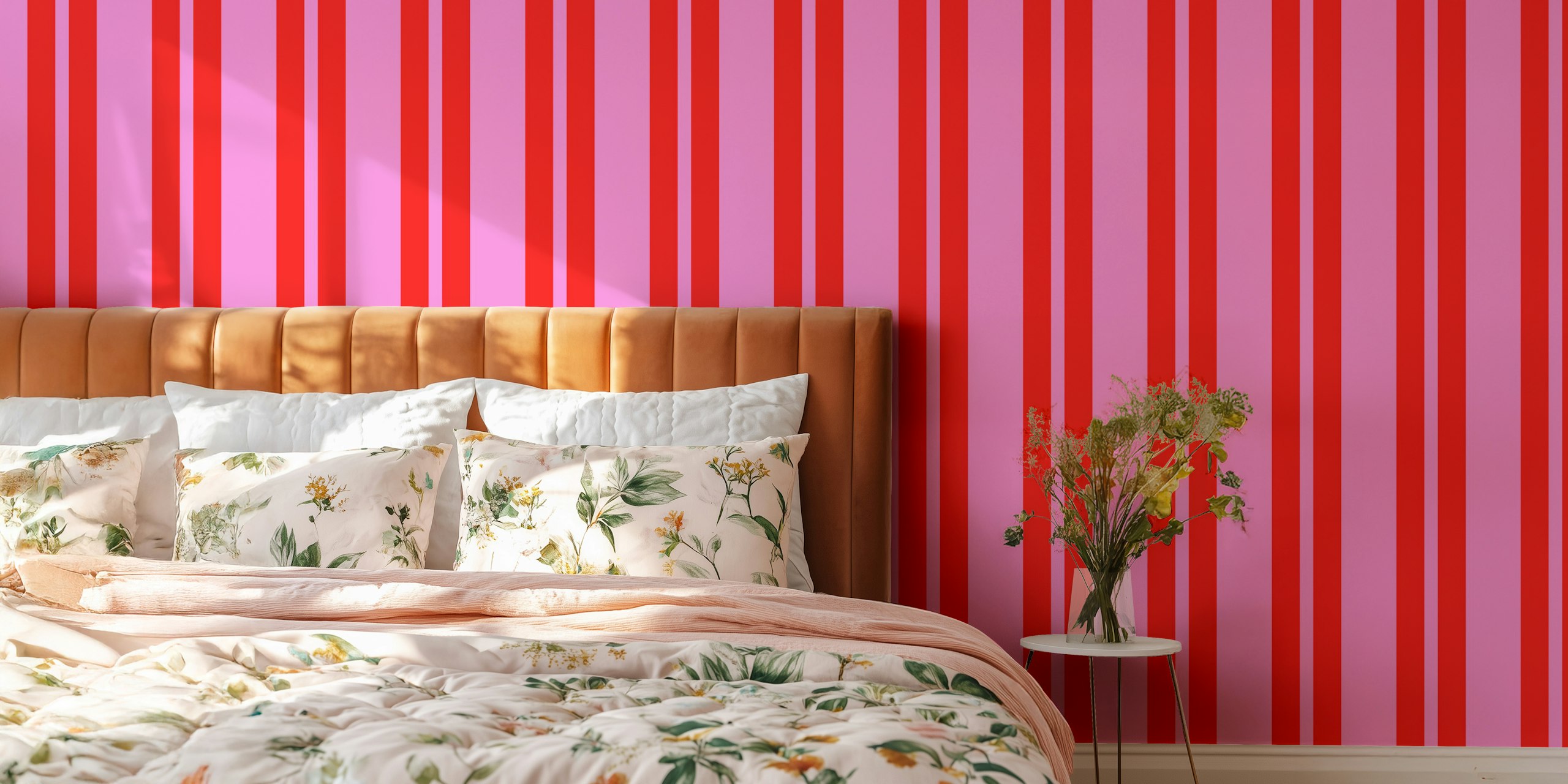 Papel de parede listrado duplo rosa e vermelho Classic Double Stripes Preppy em um quarto