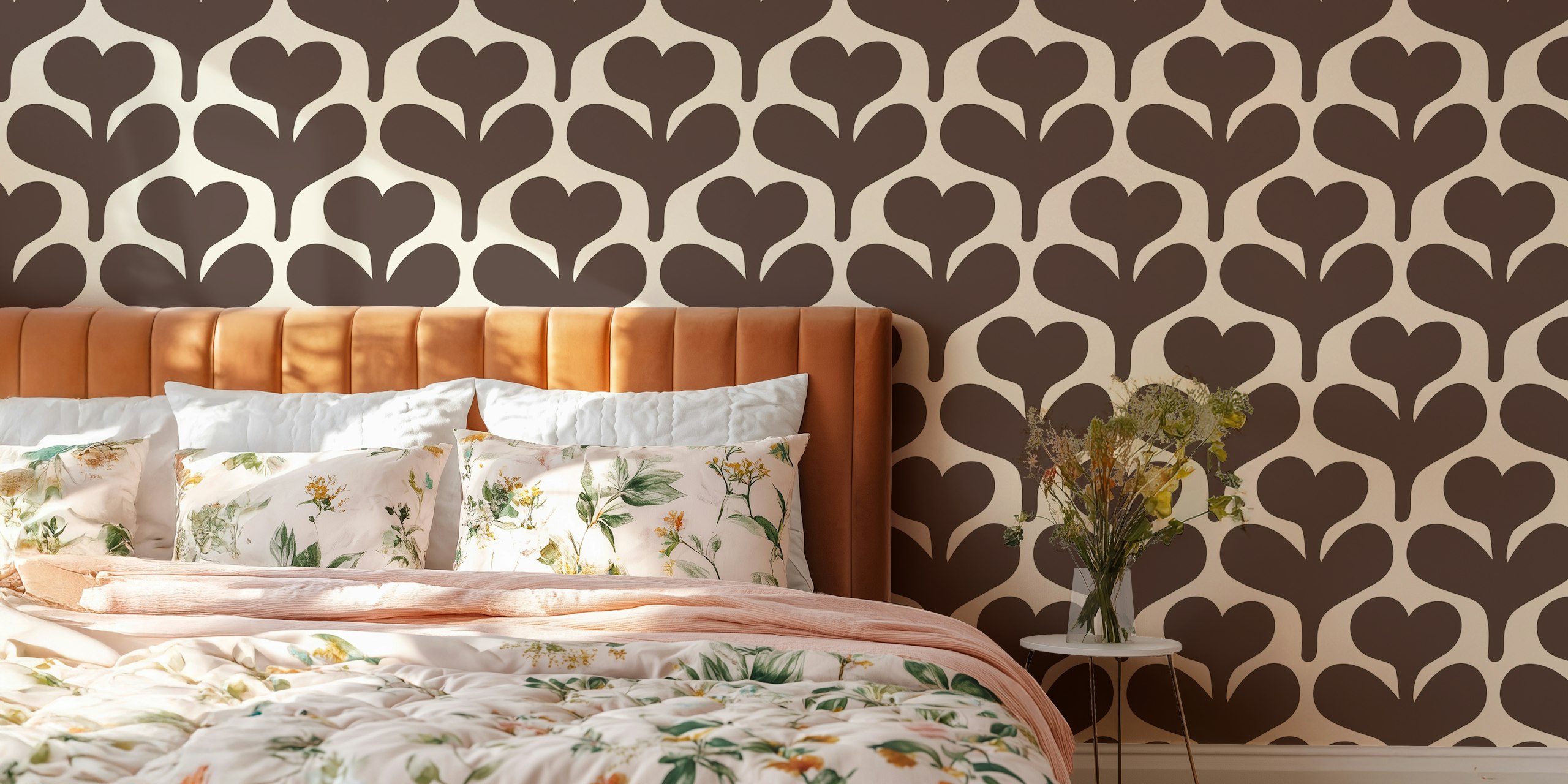 Brown heart floral silhouettes pattern wallpaper