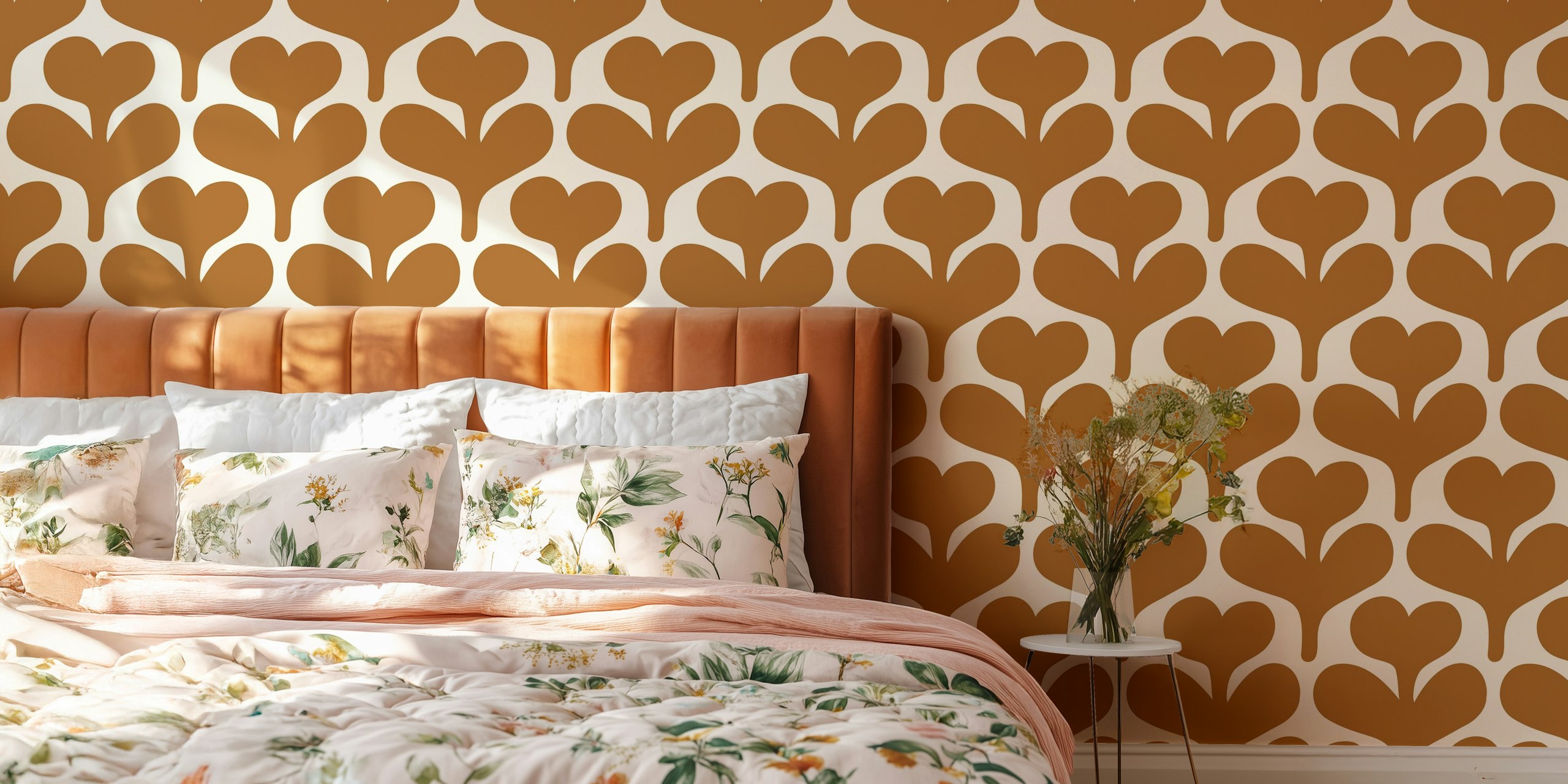 Retro Heartleaf Flowers Brown tapet i et rom