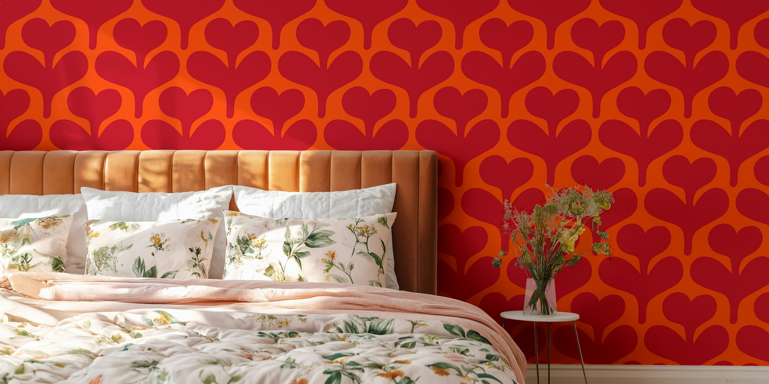 Retro vibrant red floral wallpaper design