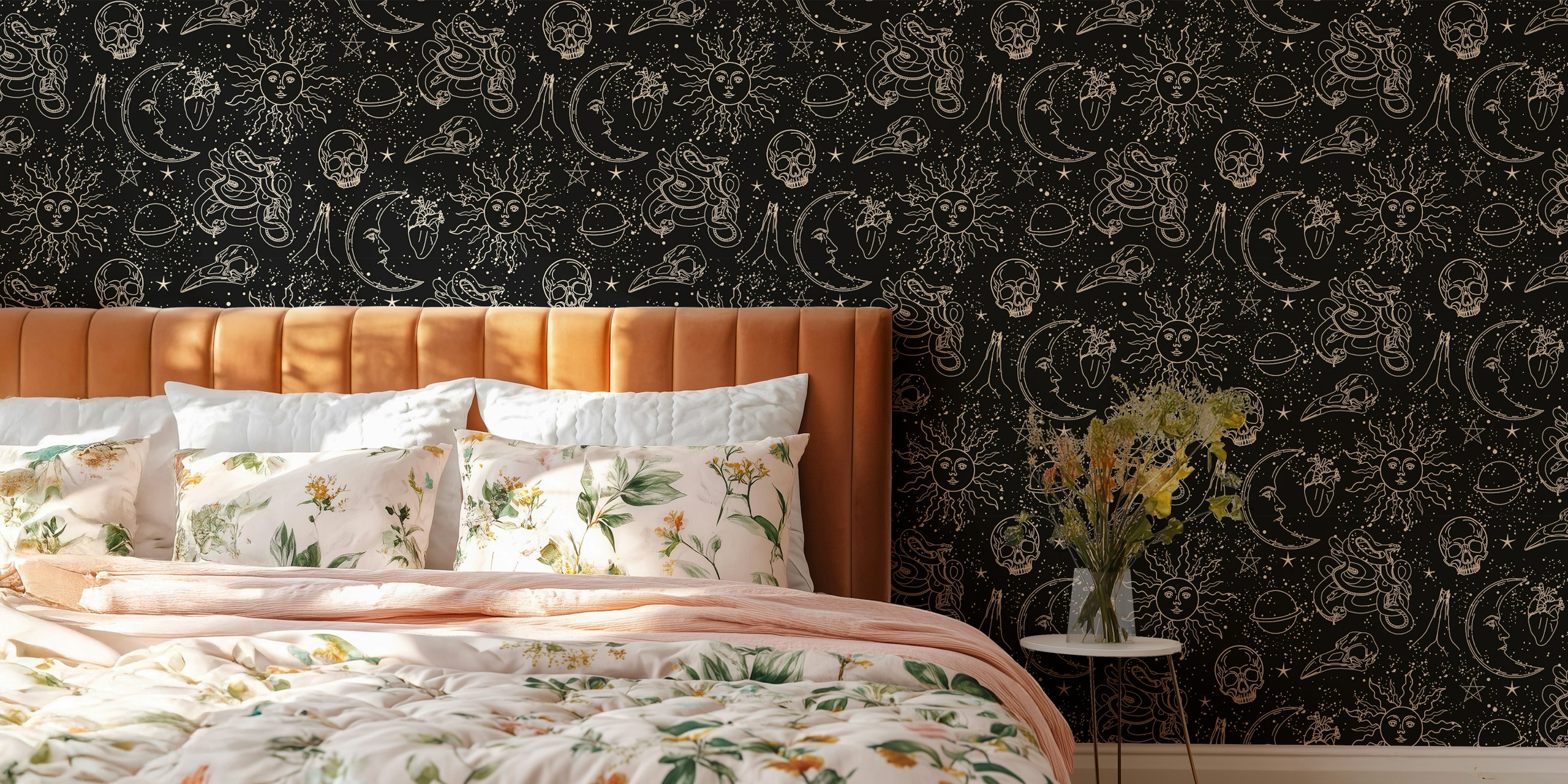 Celestial sun, moon, and star patterns in black and gold wallpaper