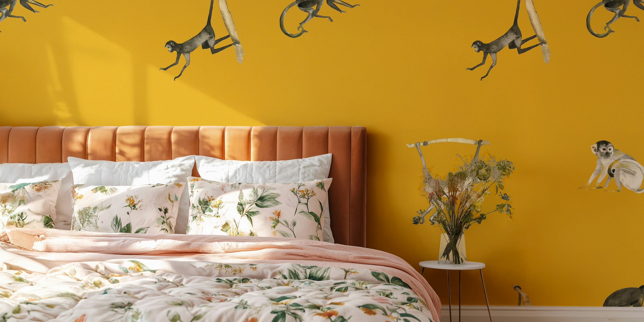 Tropical Monkey Motif on Mustard Yellow