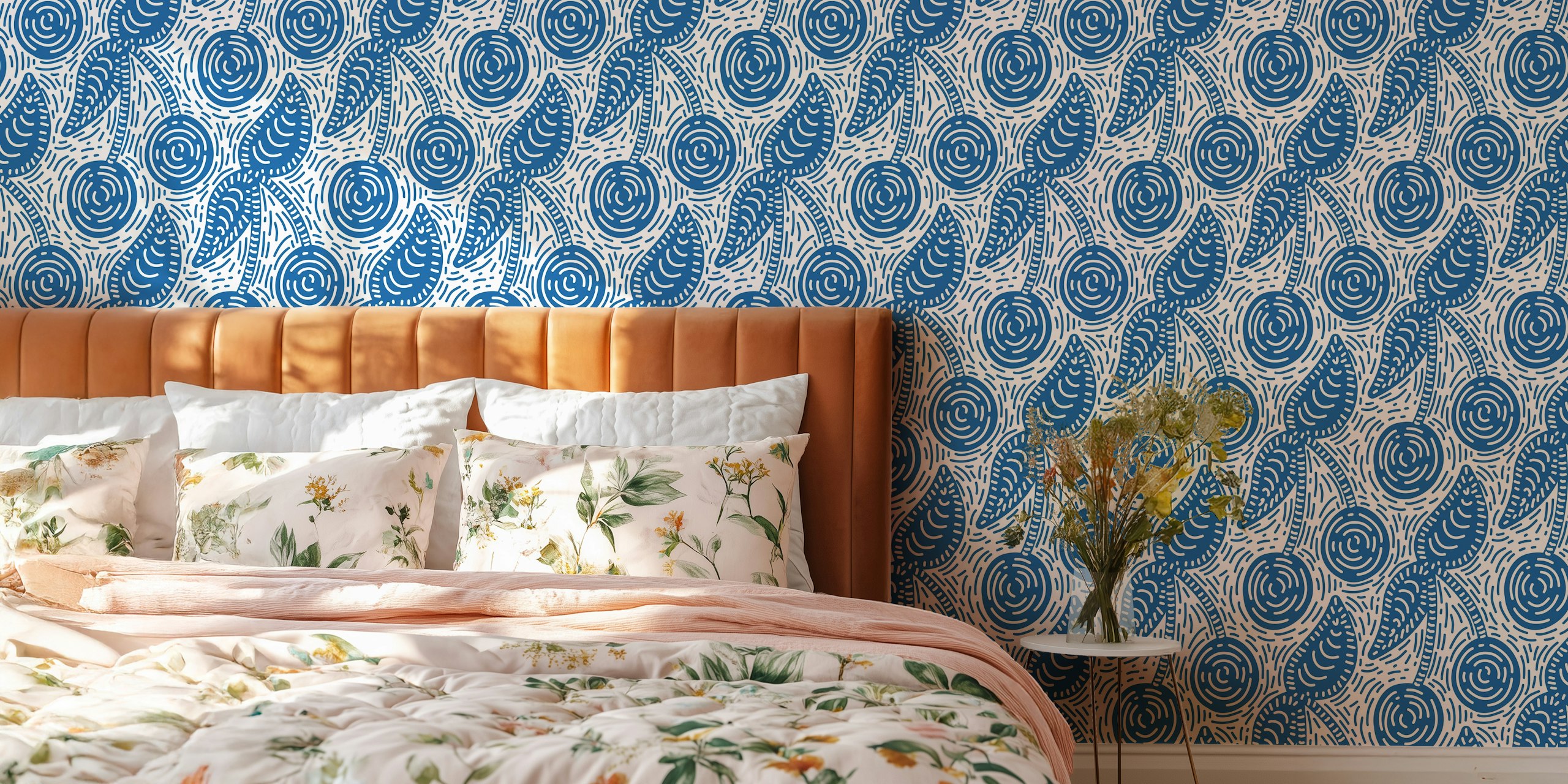 Blue Doodled Cherries tapetti huoneessa