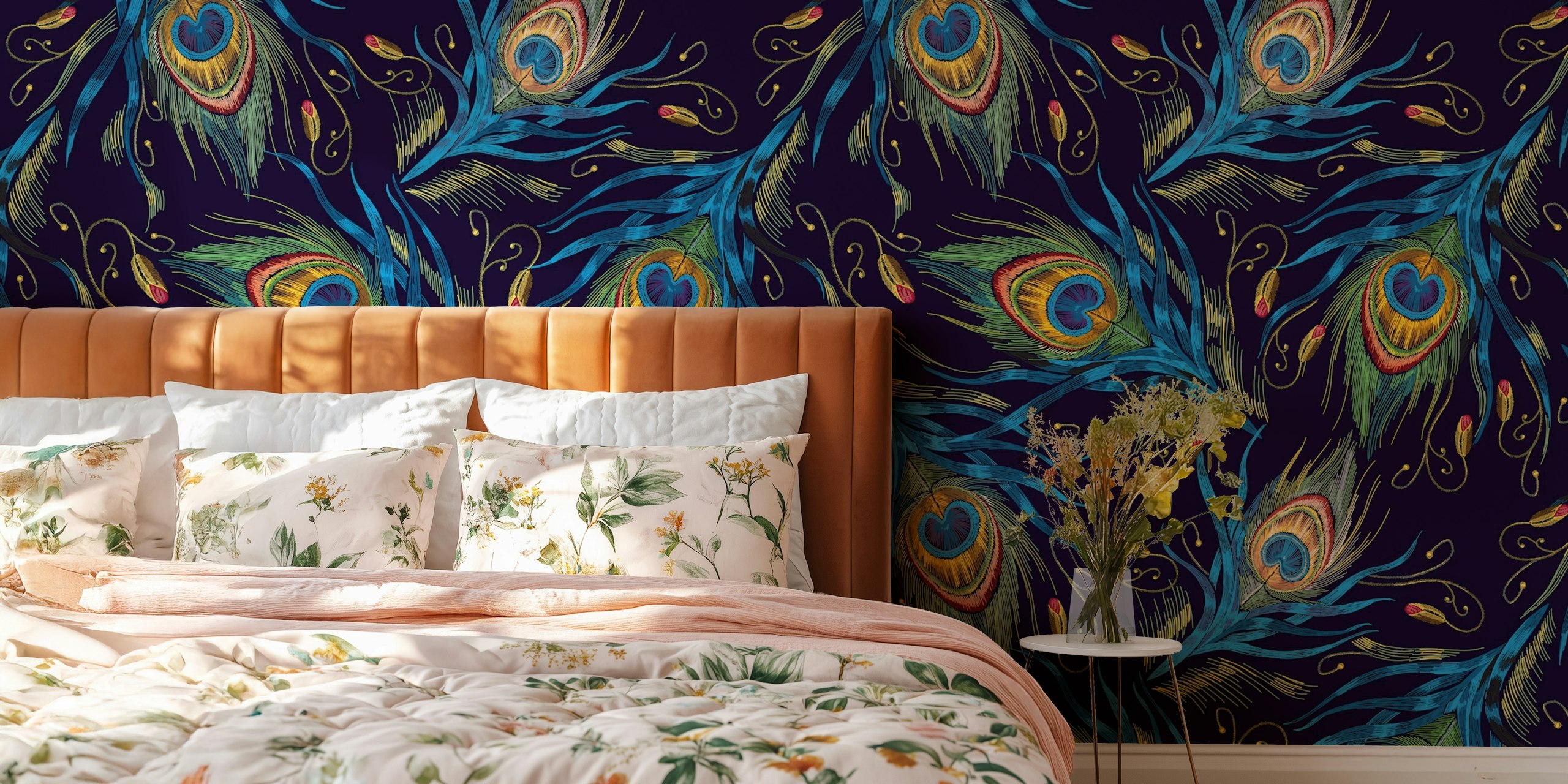Floral peacock feathers in green and blue tones on dark wallpaper