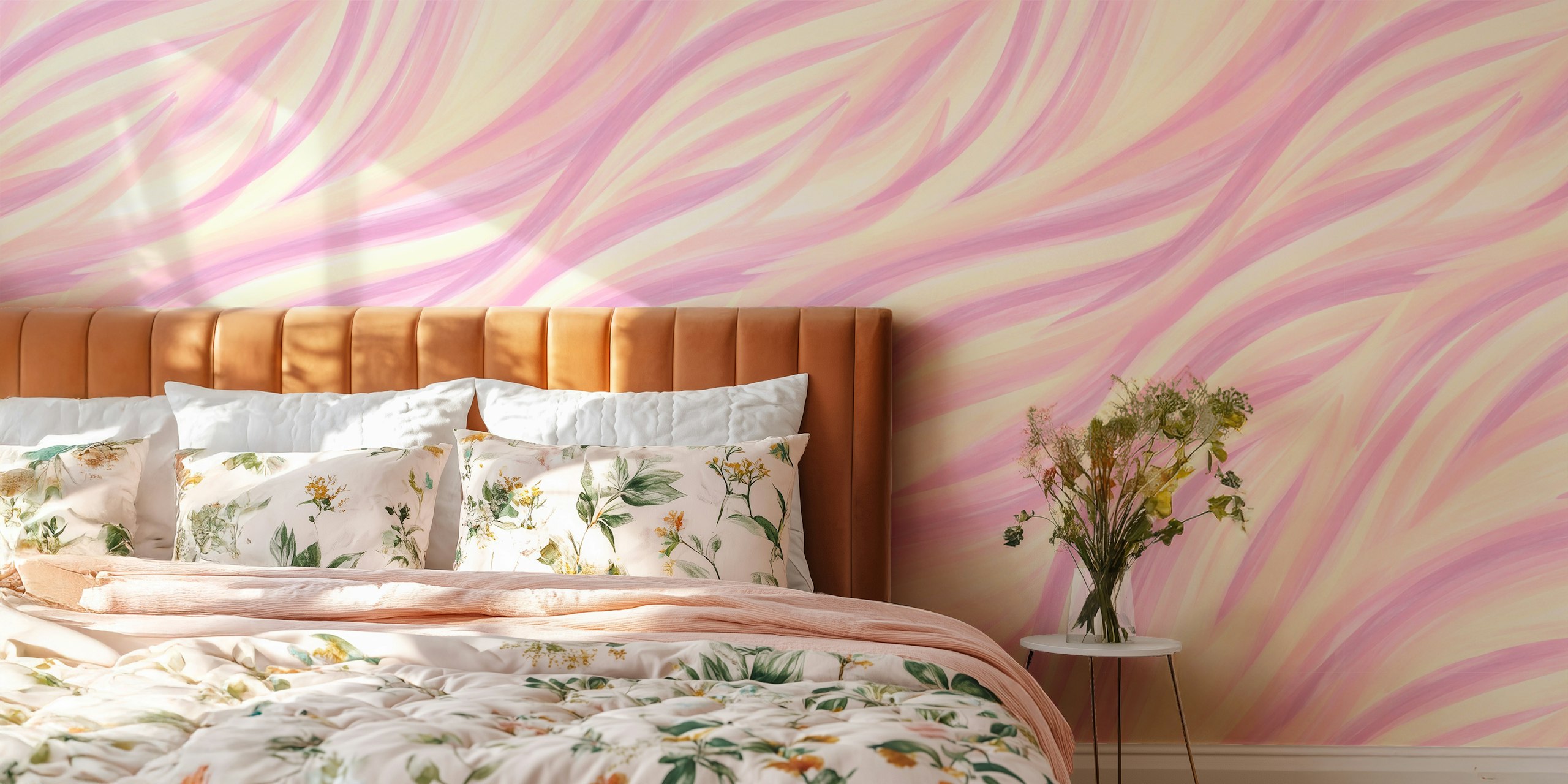 Tapeta Soft Pink and Yellow Waves v místnosti