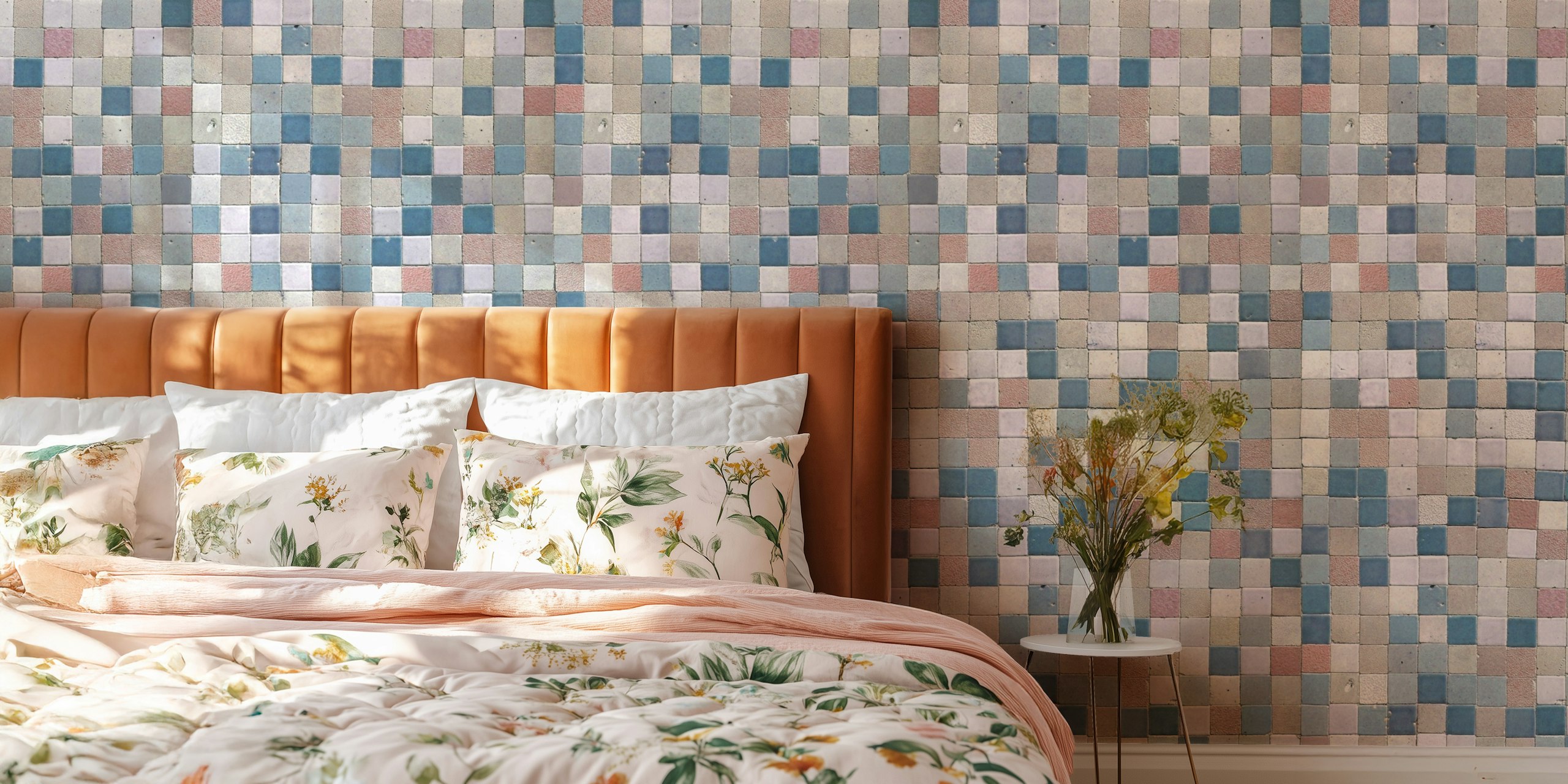 Vintage Tile Artistry carta da parati blu in una stanza