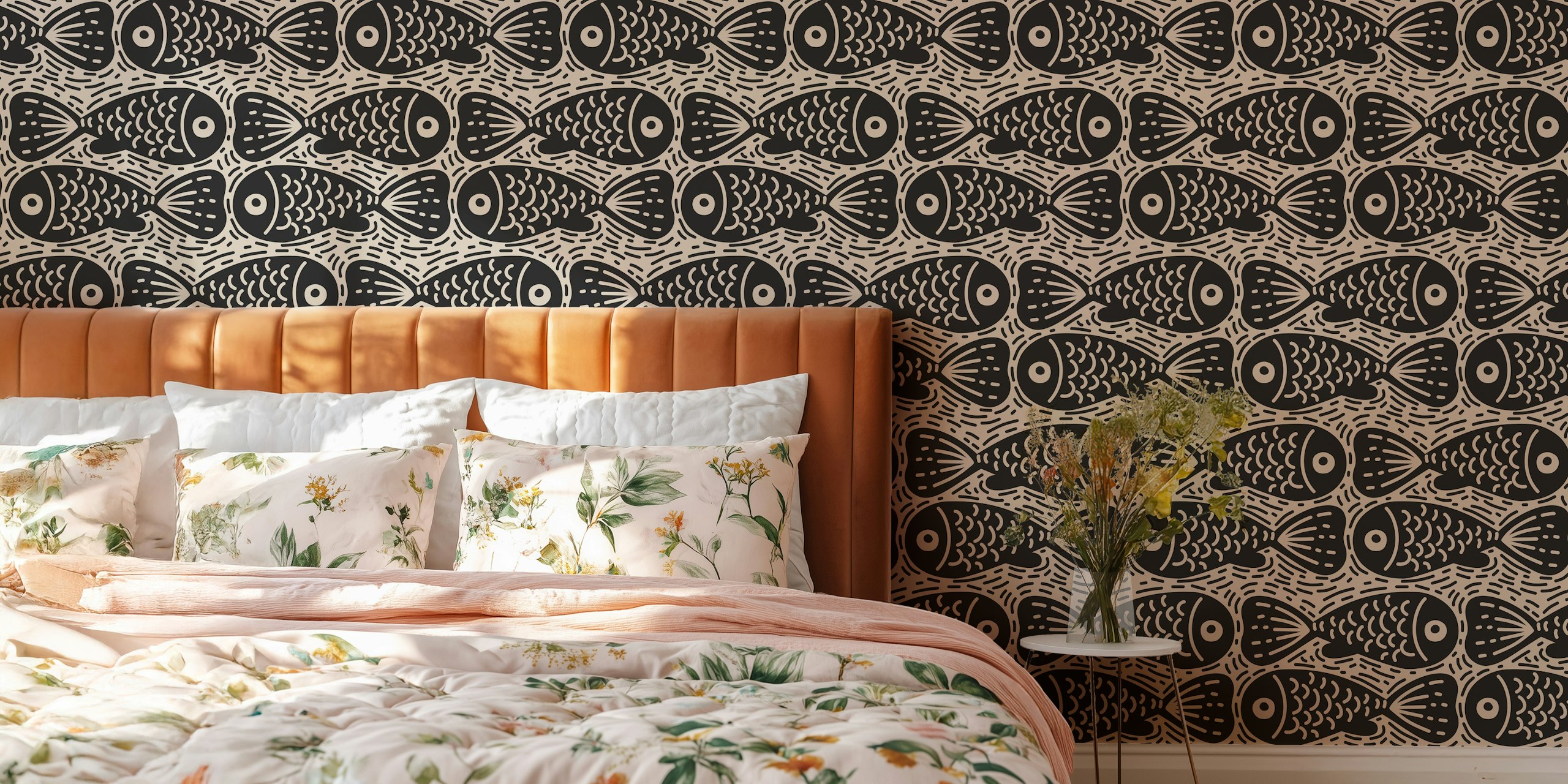 Black doodle fish pattern on beige background wallpaper