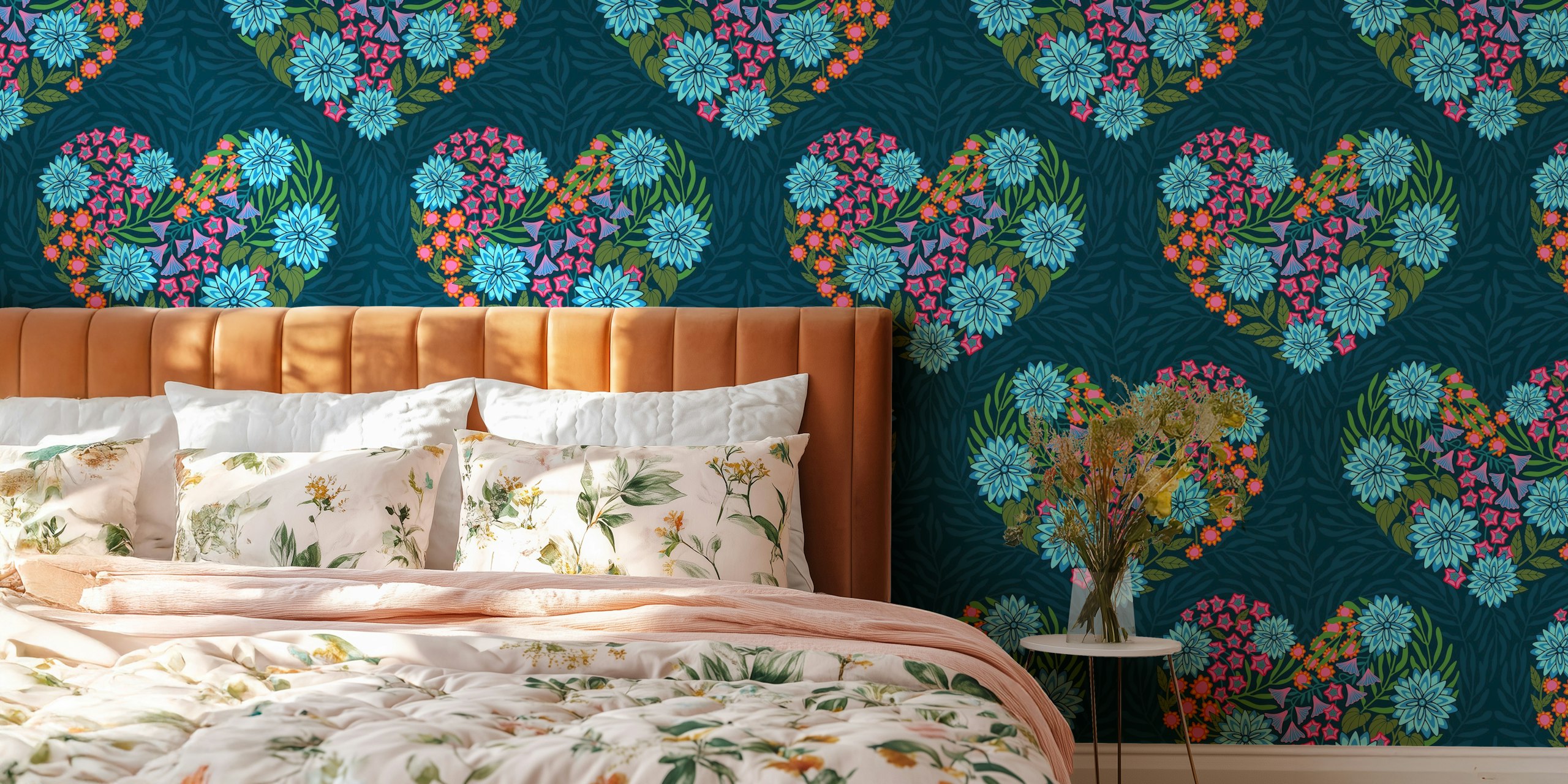 Flowered heart love floral pattern wallpaper