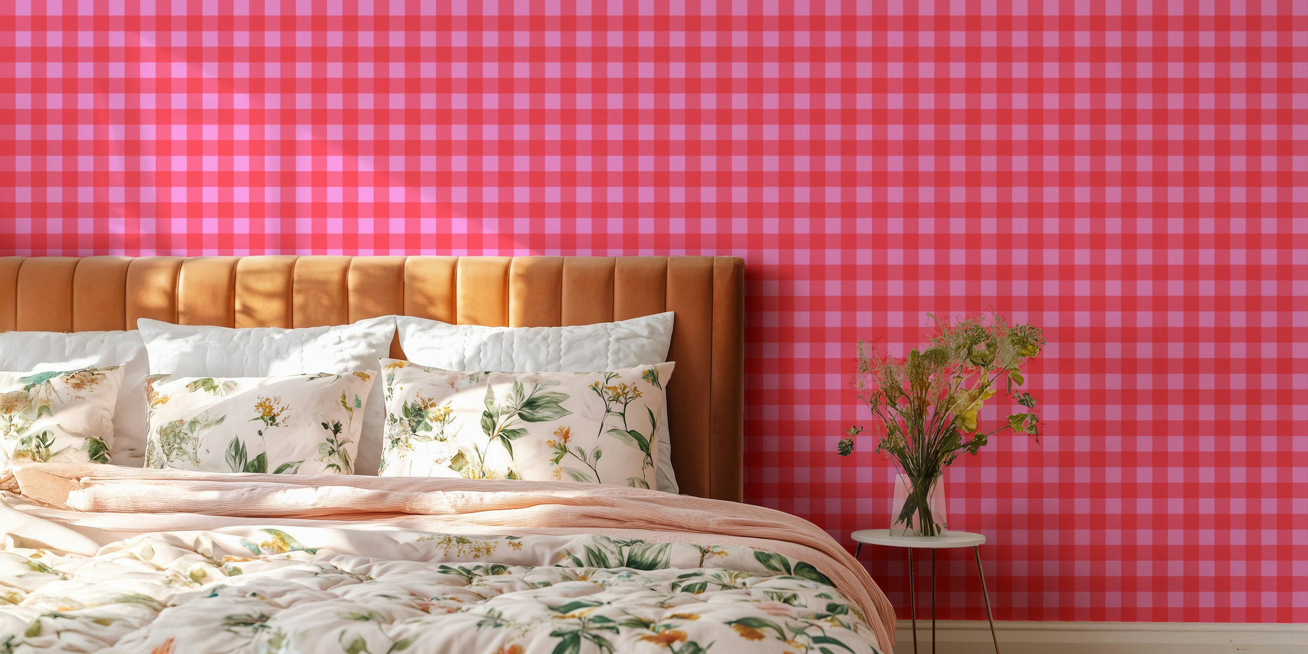 Gingham pattern wallpaper in preppy pink in a room