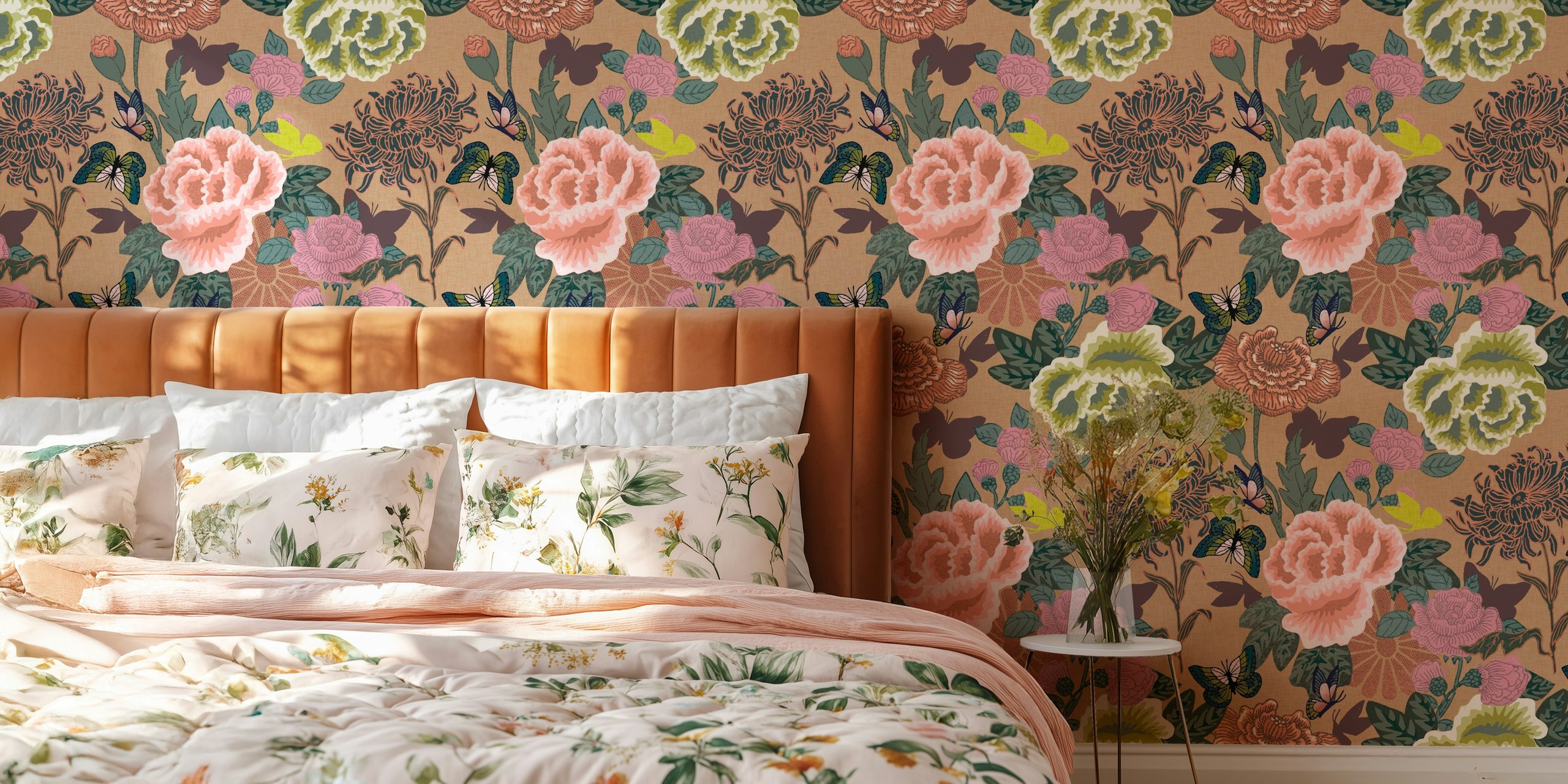 Vintage Blossoms and Butterflies wallpaper in a room