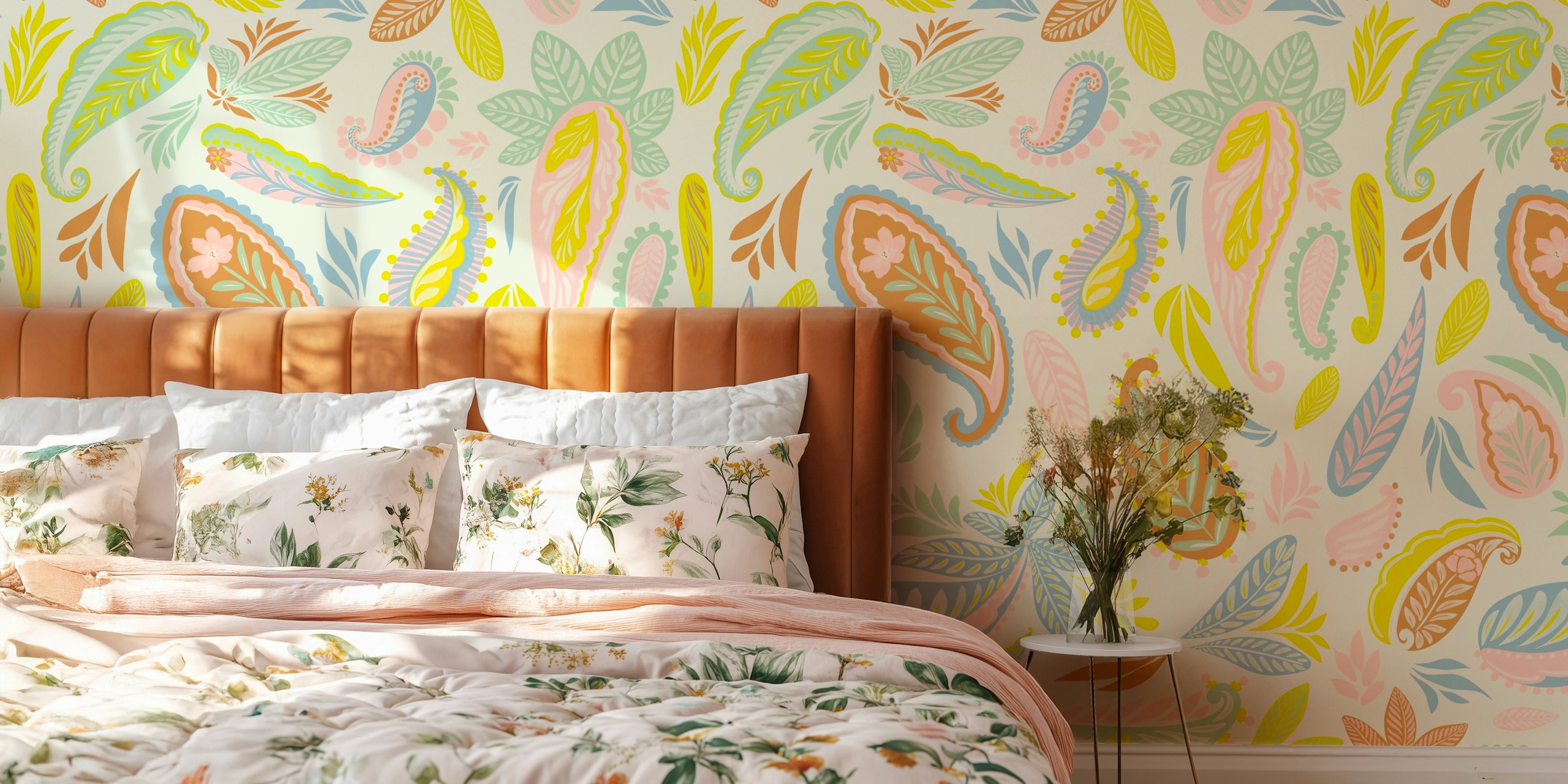 Whimsical Paisley Leaves behang in een kamer