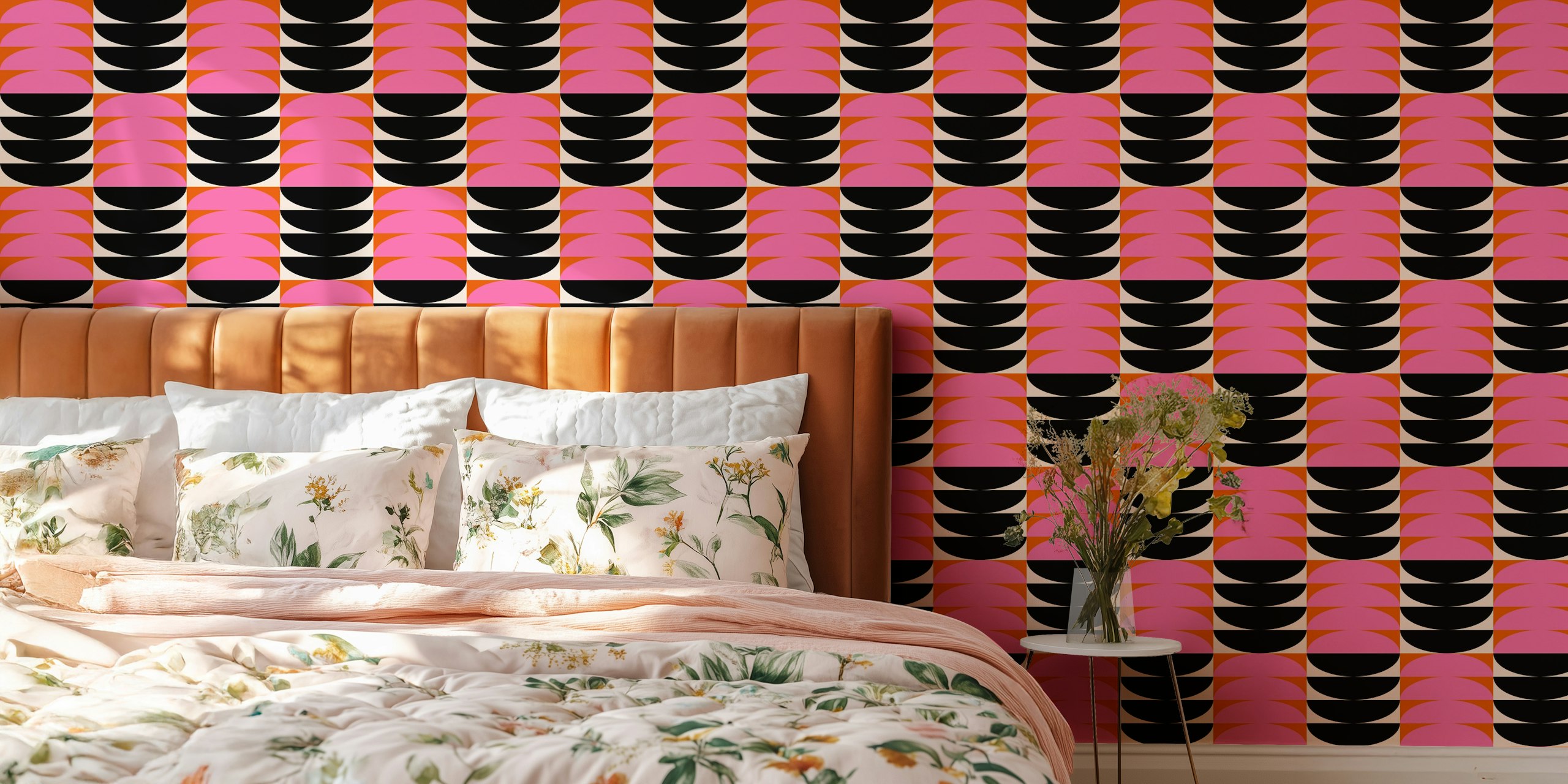 Pink and orange geometric patterns with black accents wallpaper