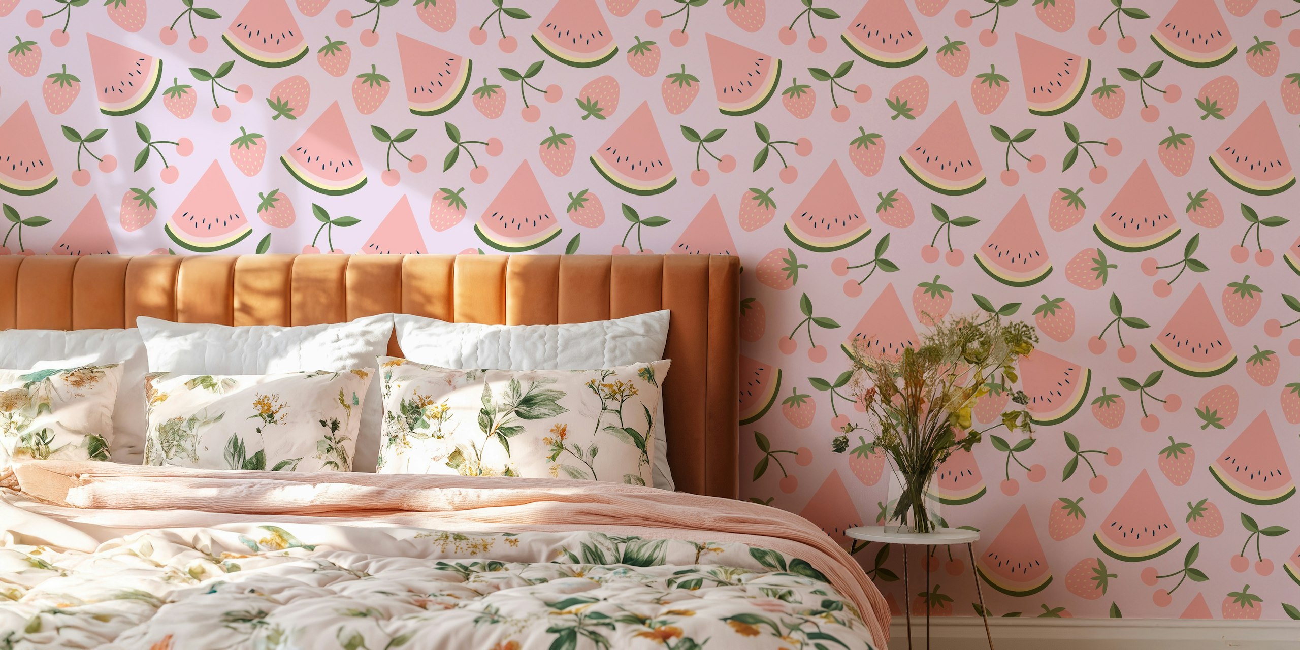 Frugtig tapetdesign i et lilac rum