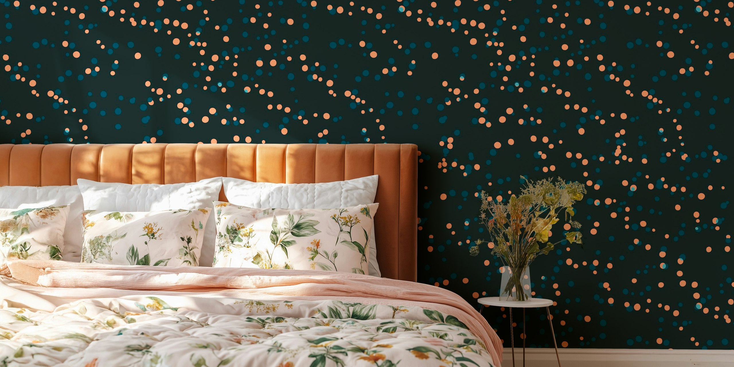 Celestial blue and peach polka dot wallpaper