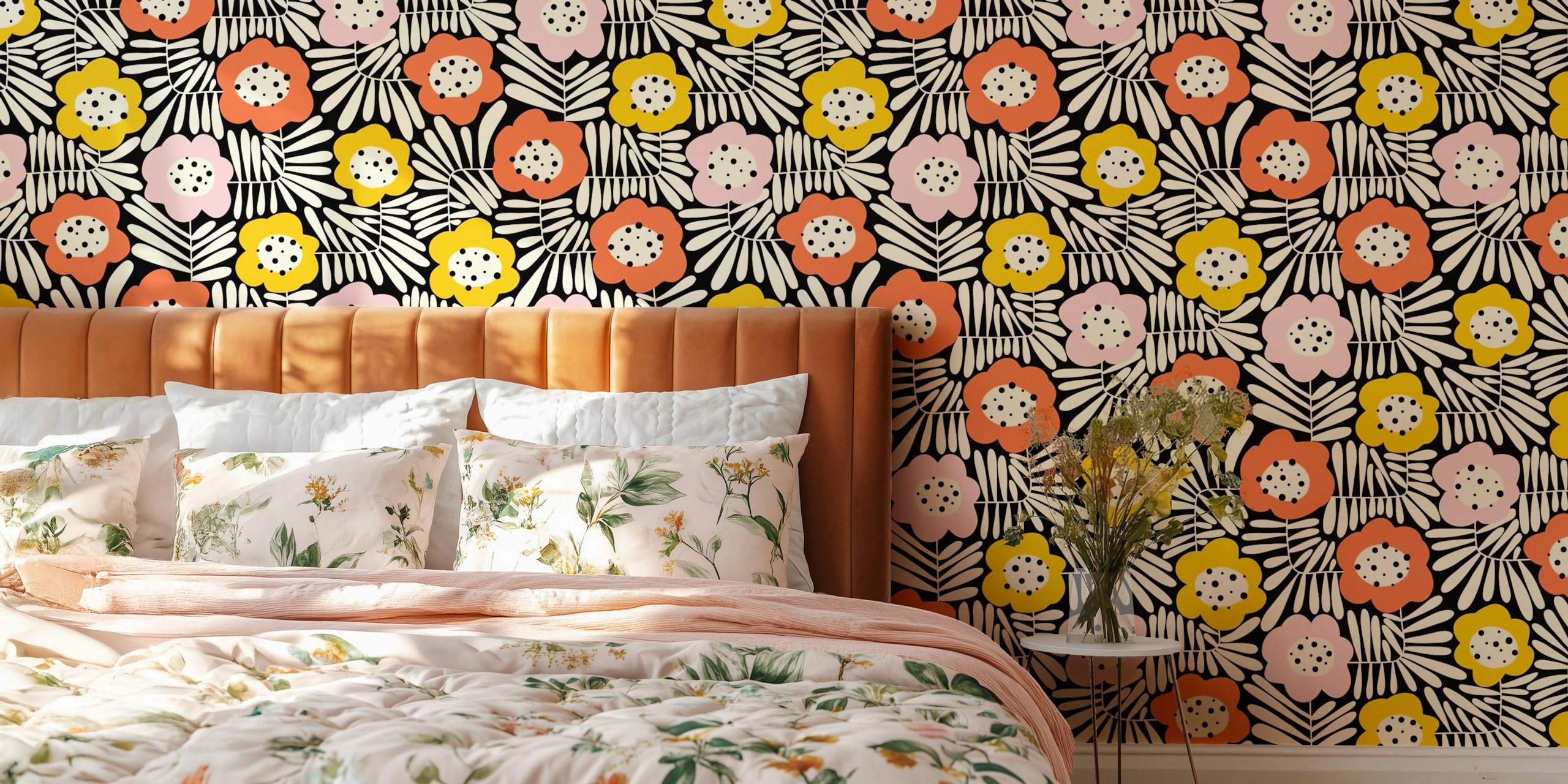 Colorful floral pattern in pink, ochre, and black wallpaper