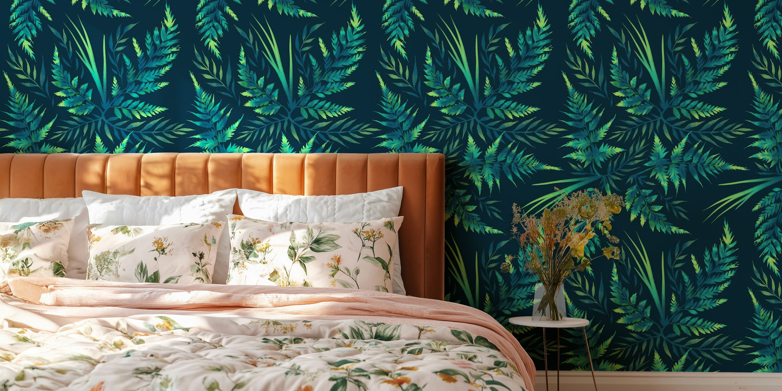 Σχέδιο Watercolor Fern Leaves - Emerald Green σε ένα δωμάτιο