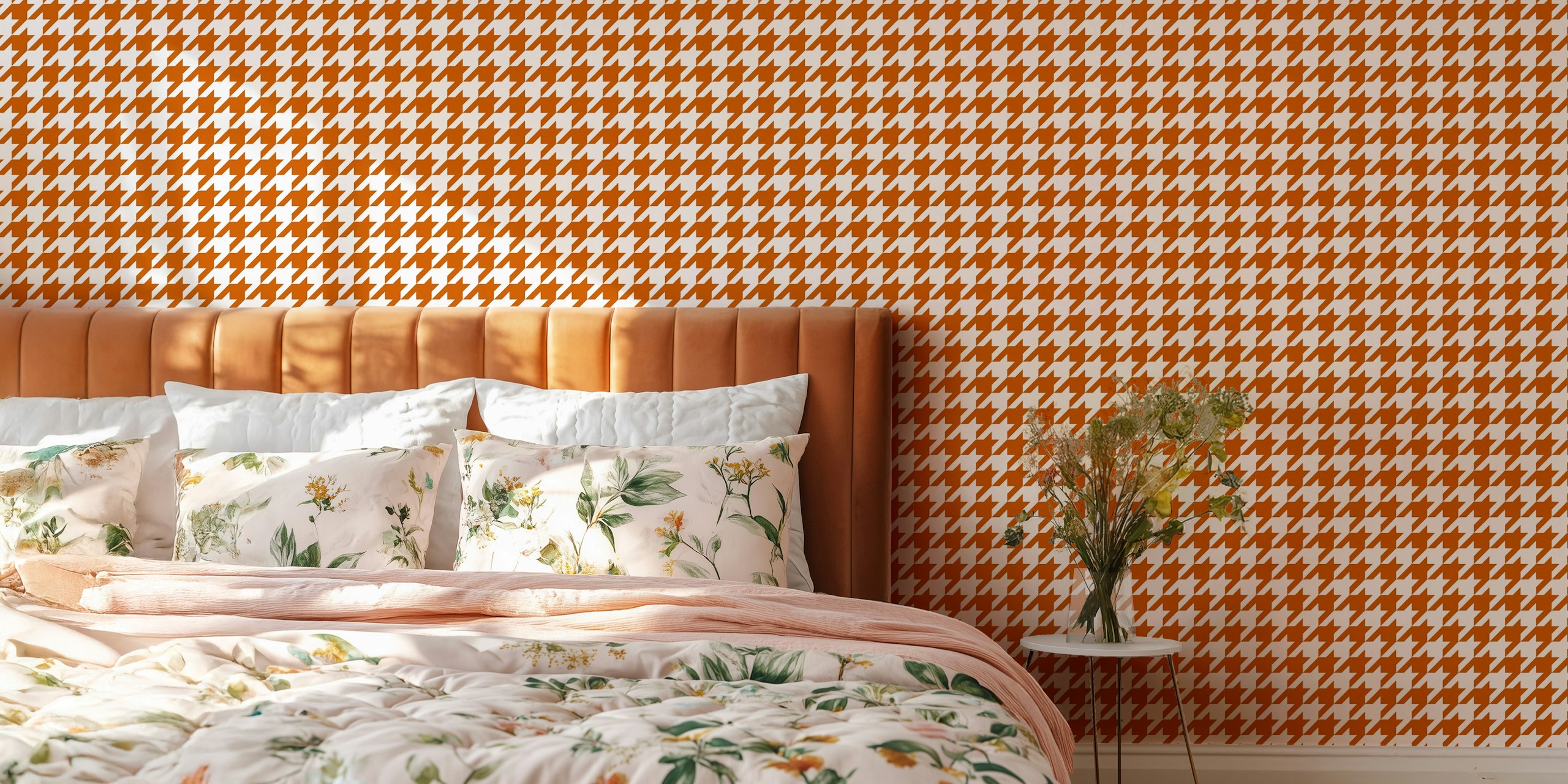 Brown houndstooth wallpaper in a room