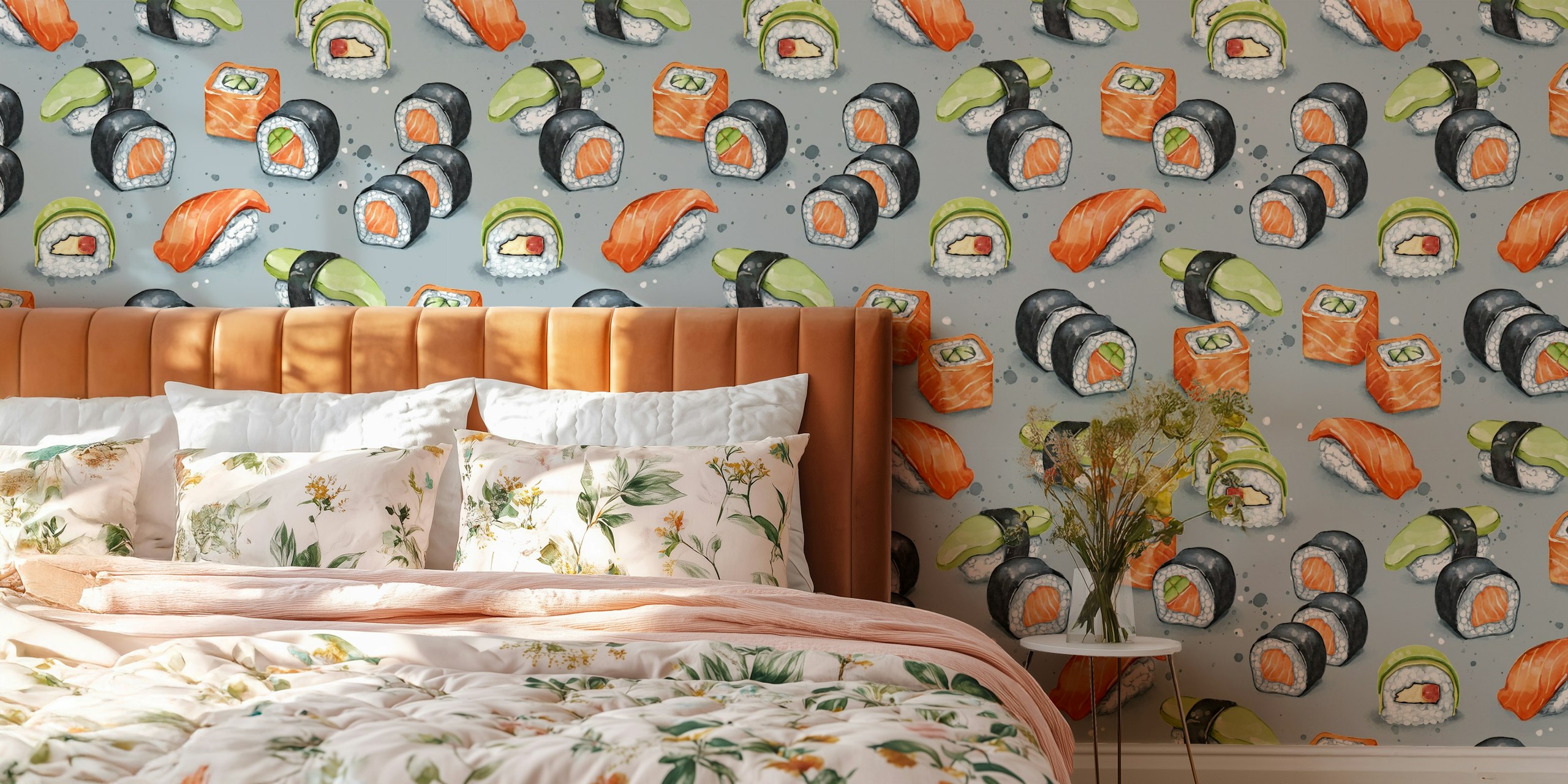 Colorful sushi roll patterns on a gray background wallpaper