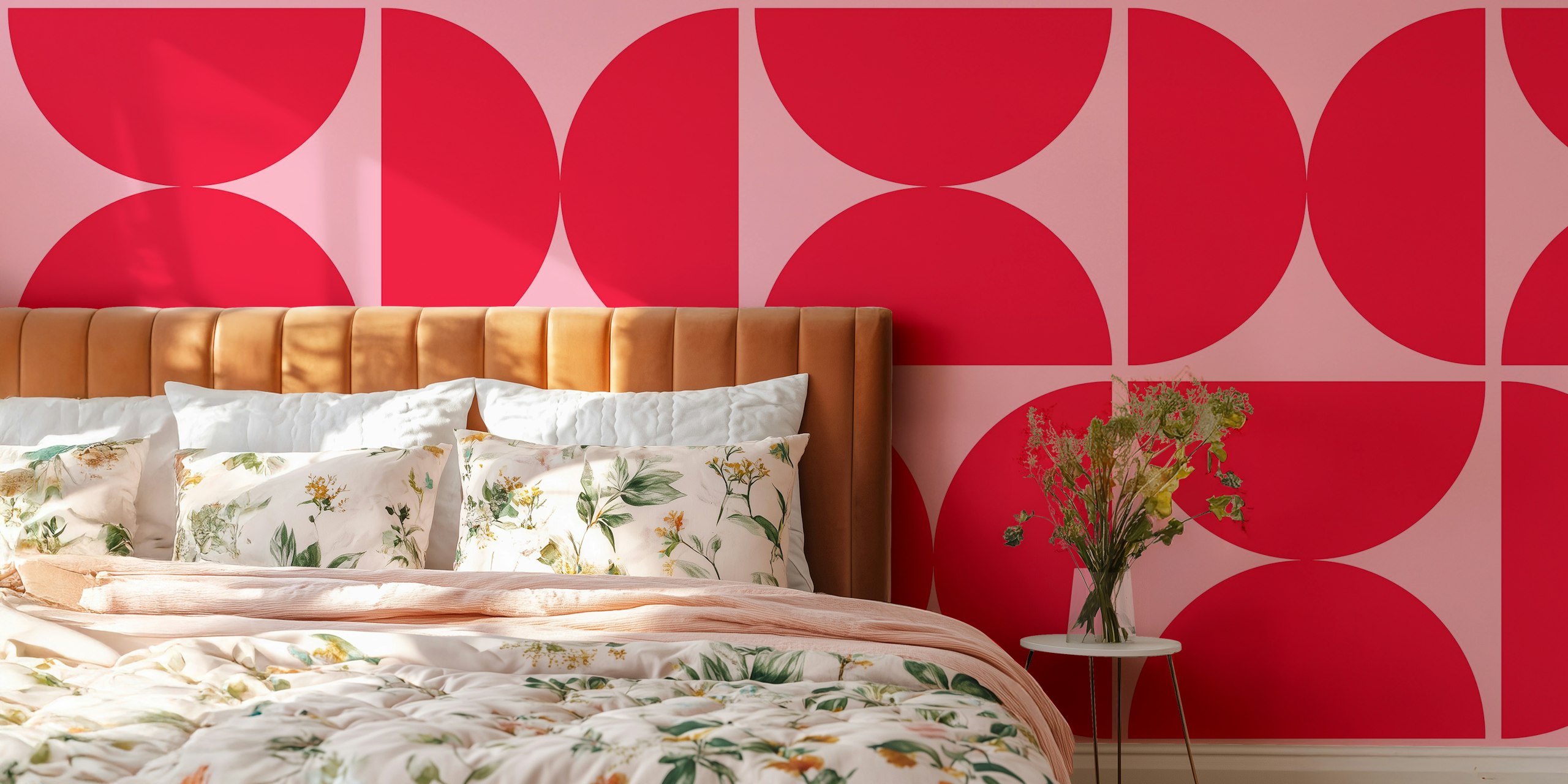Semicircles pink and crimson red wallpaper in room