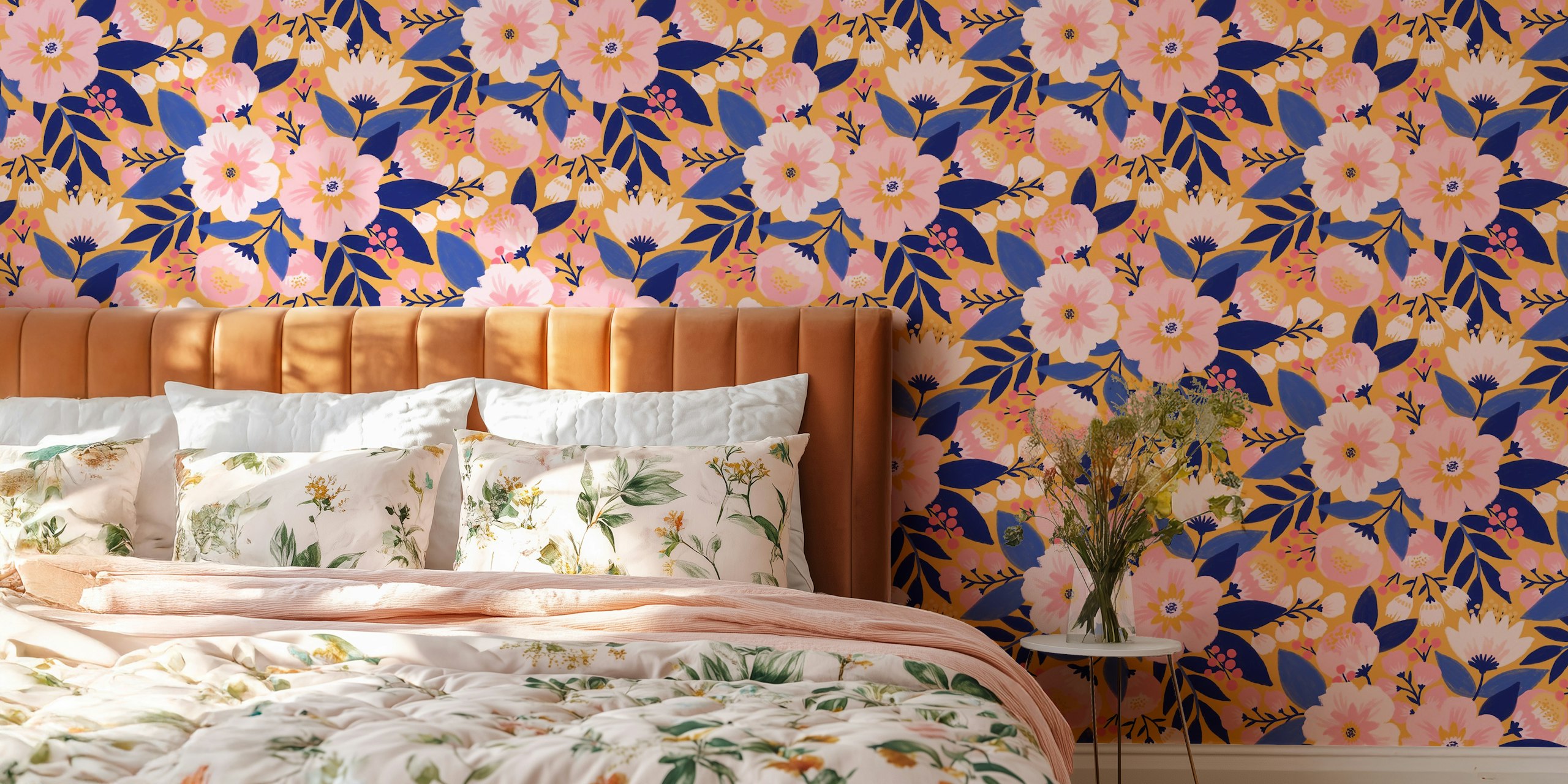 Nouveau Fleur - Gold floral wallpaper in a room