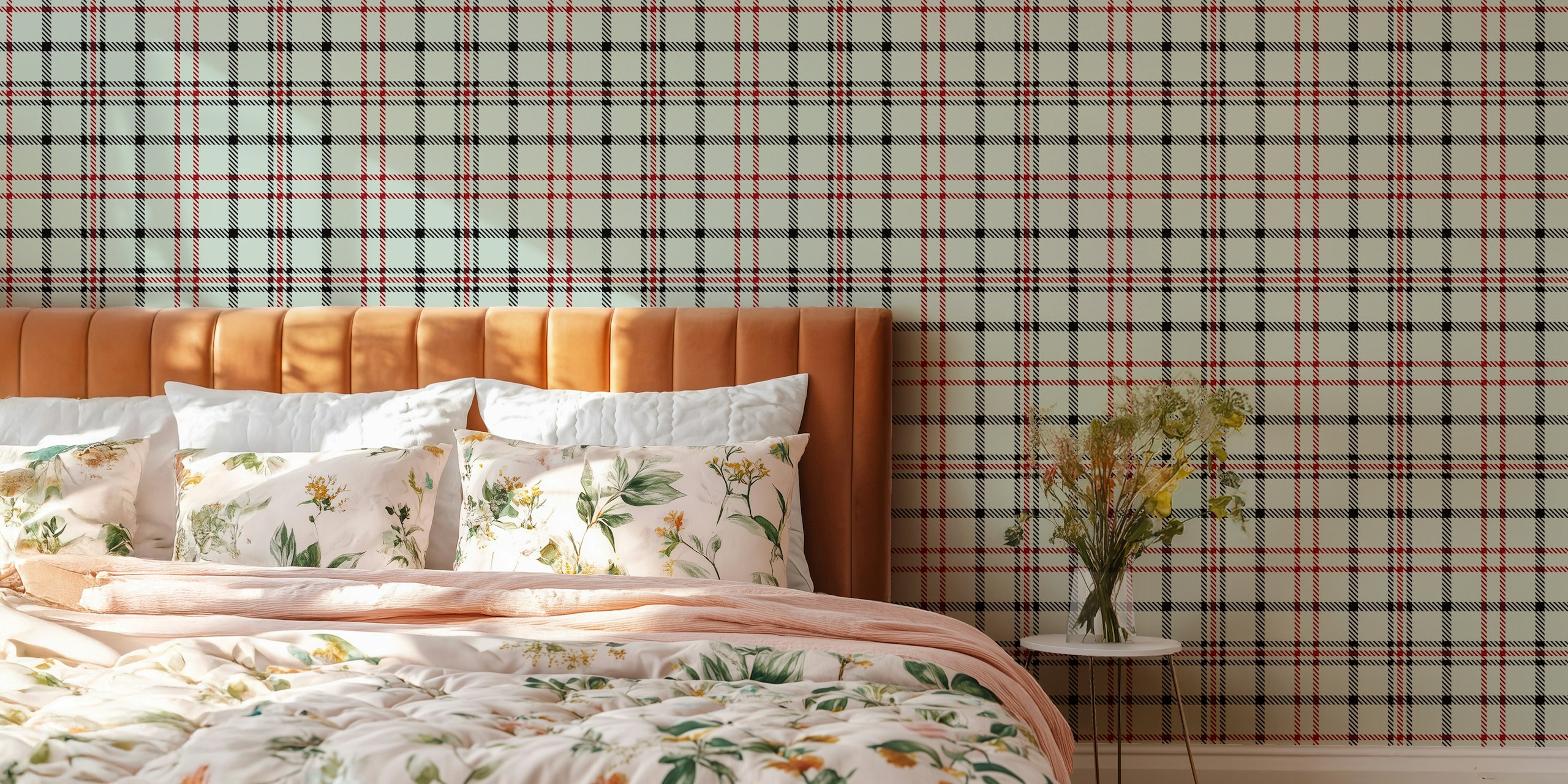 Duck egg tartan wallpaper in a room