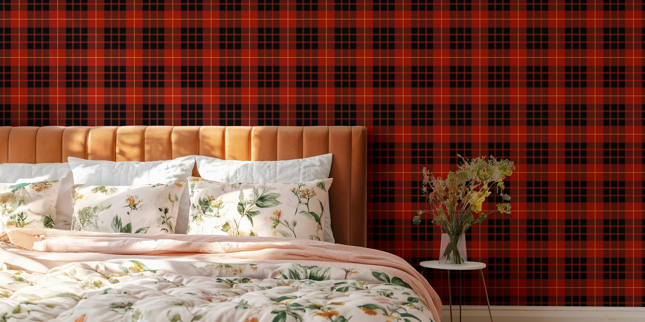 Red tartan pattern with black and yellow accents wallpaper