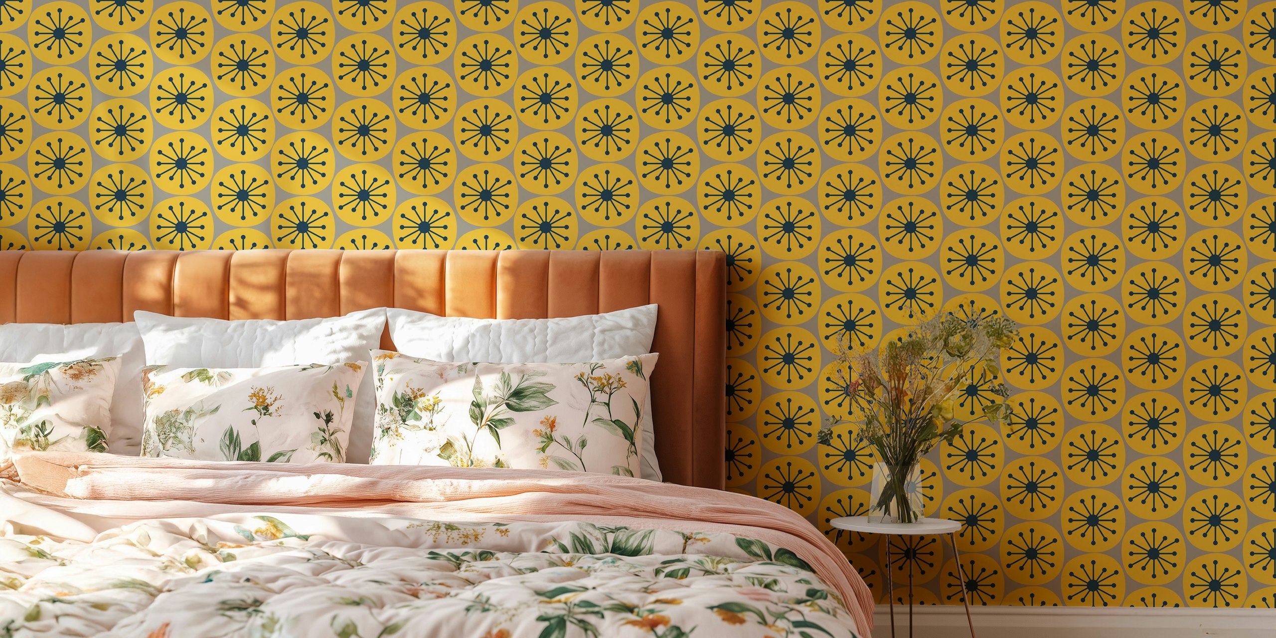 Mid Century Modern Atomic Dots mostarda cinza papel de parede