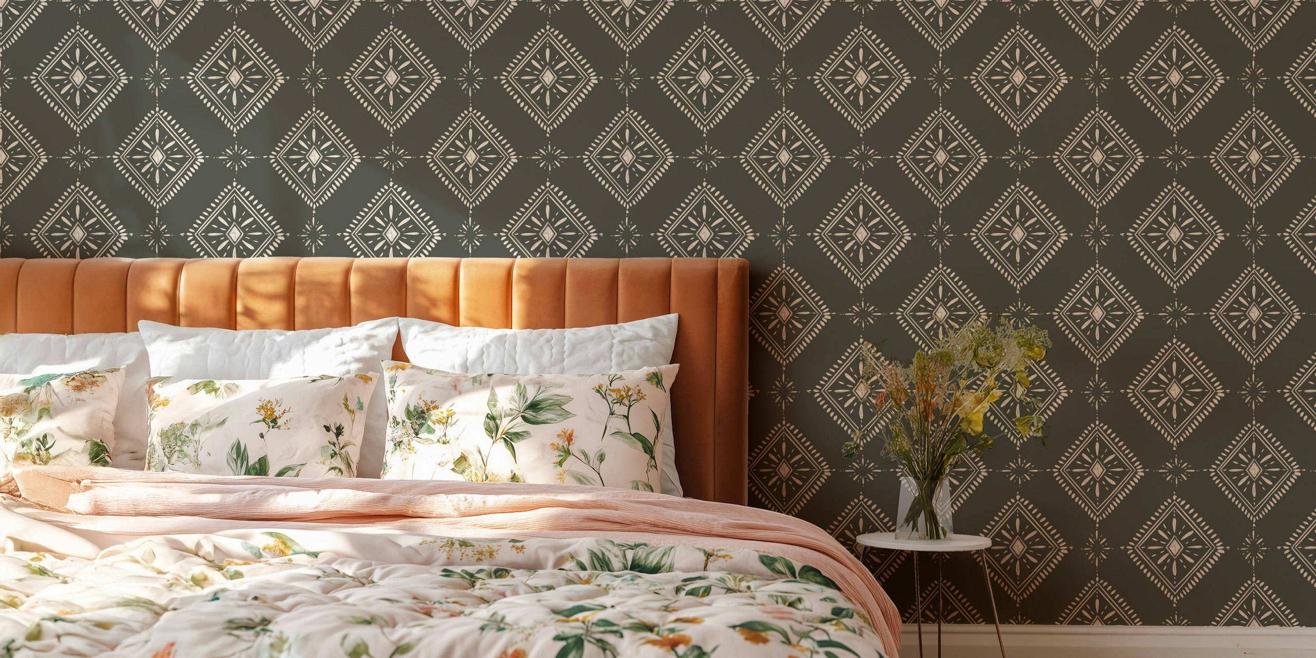 Geometric diamond pattern in earthy tones on wallpaper