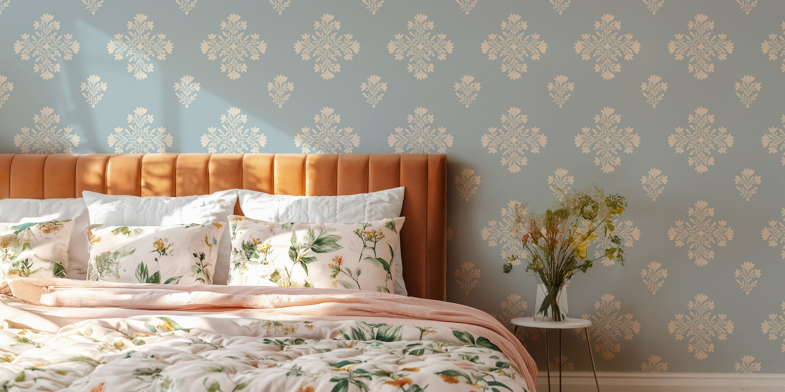 Chic botanical snowflake wallpaper in a room