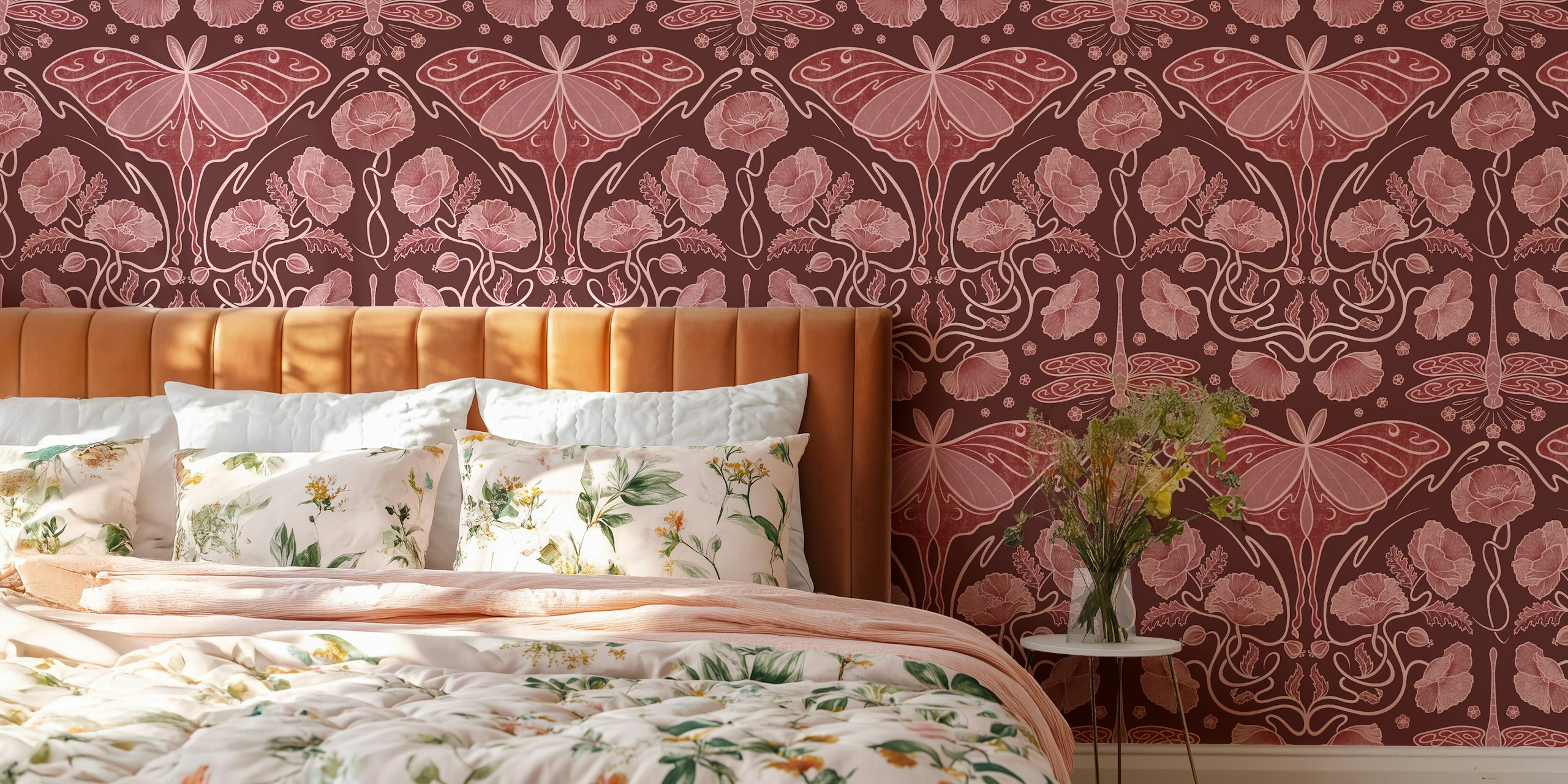 Art Nouveau Poppies and Luna moth wallpaper in burgundy