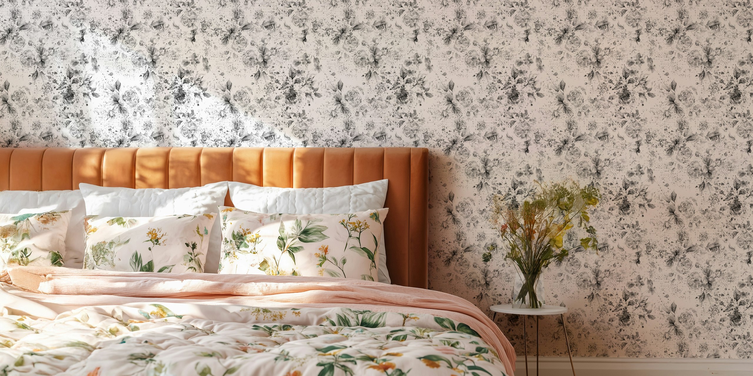 Textured black and white floral wallpaper with roses