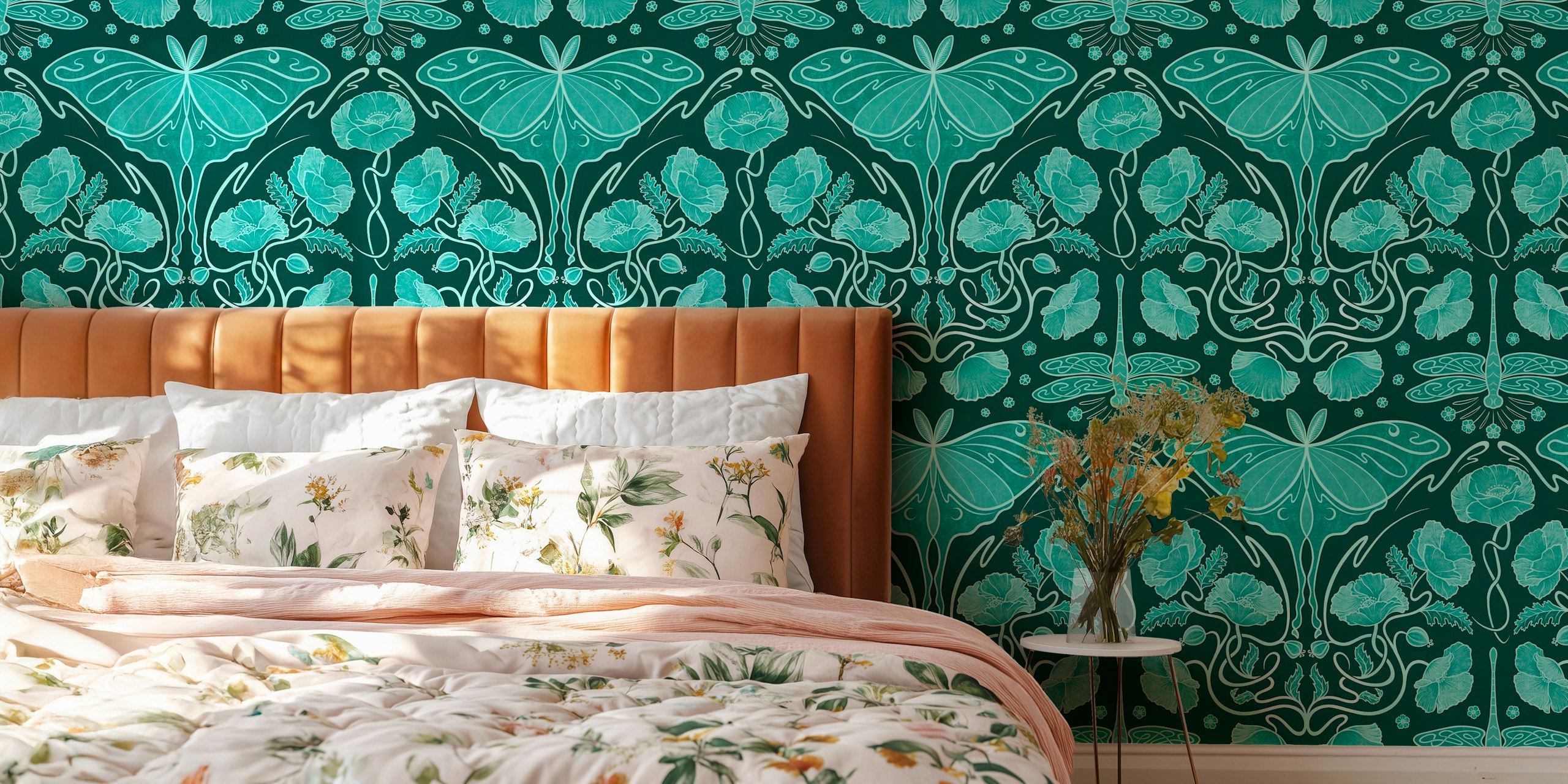 Art Nouveau Poppies und Luna moth - teal Tapete