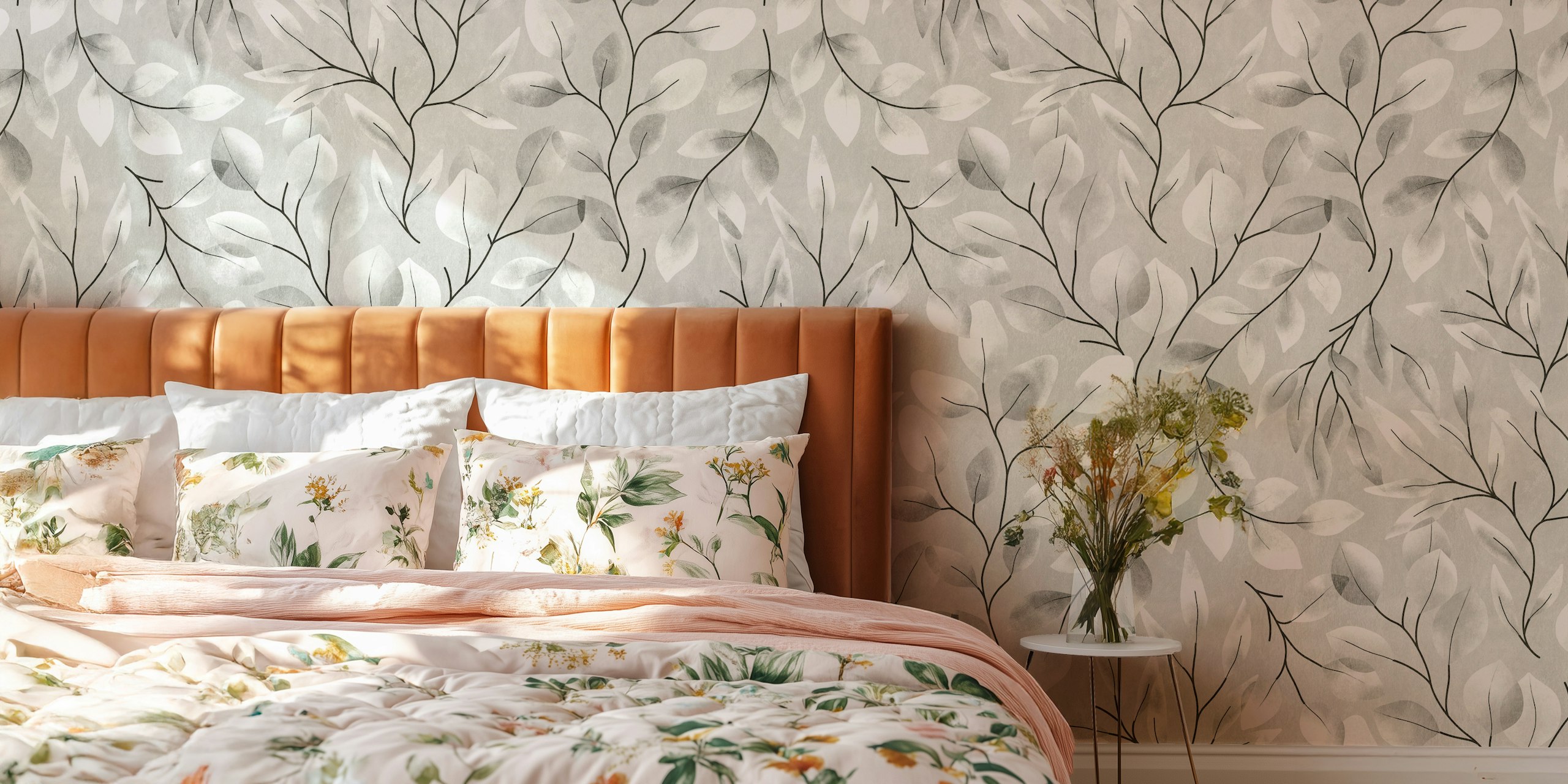 Eucalyptus-Blätter in neutralen Beige- und Grautönen Tapete