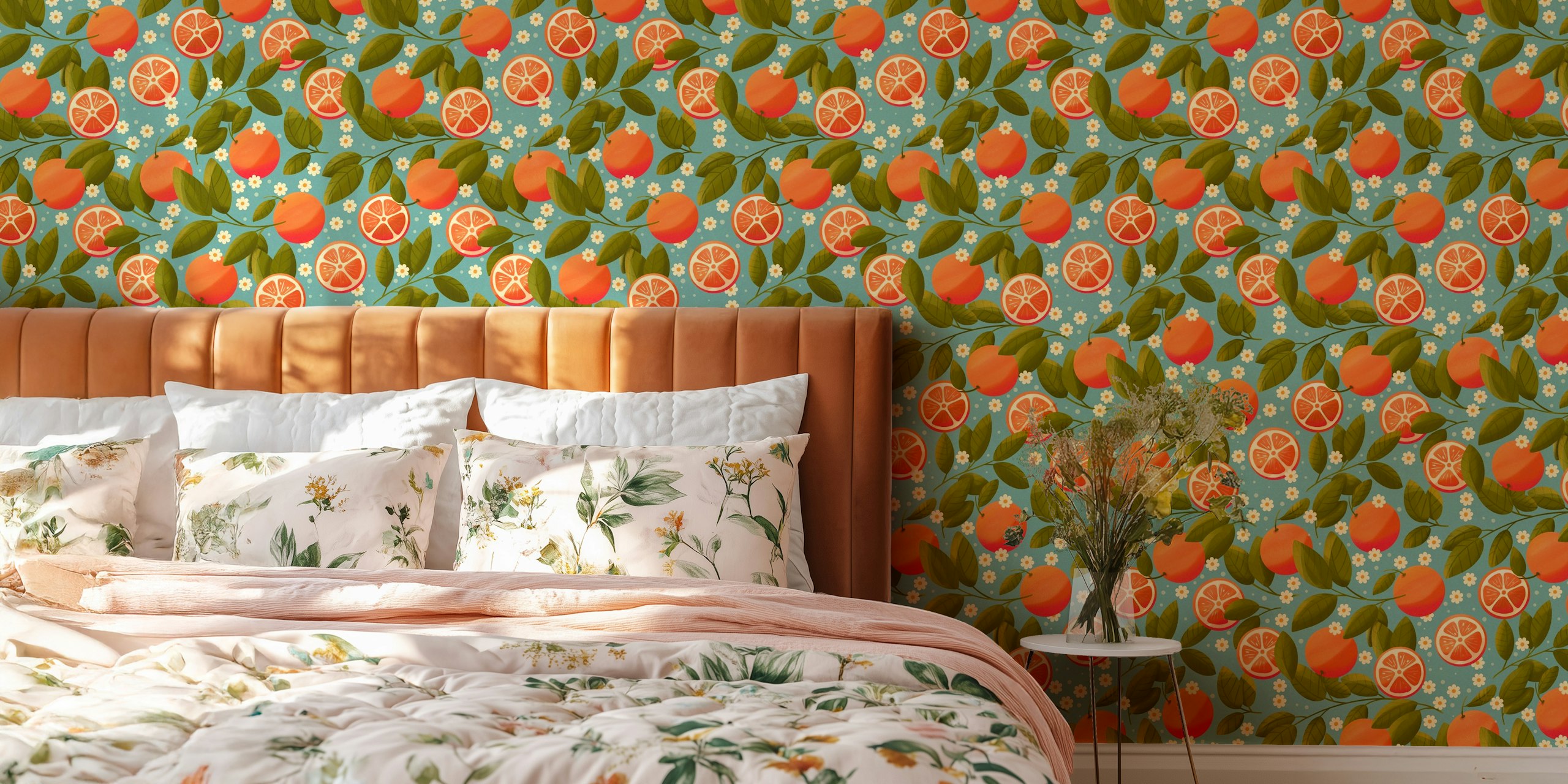 Vibrant citrus wallpaper design in a room