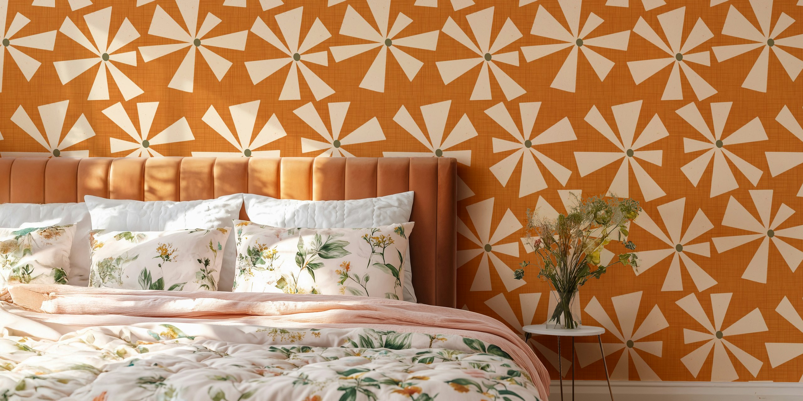Geometric floral patterns in ochre and cream colors wallpaper