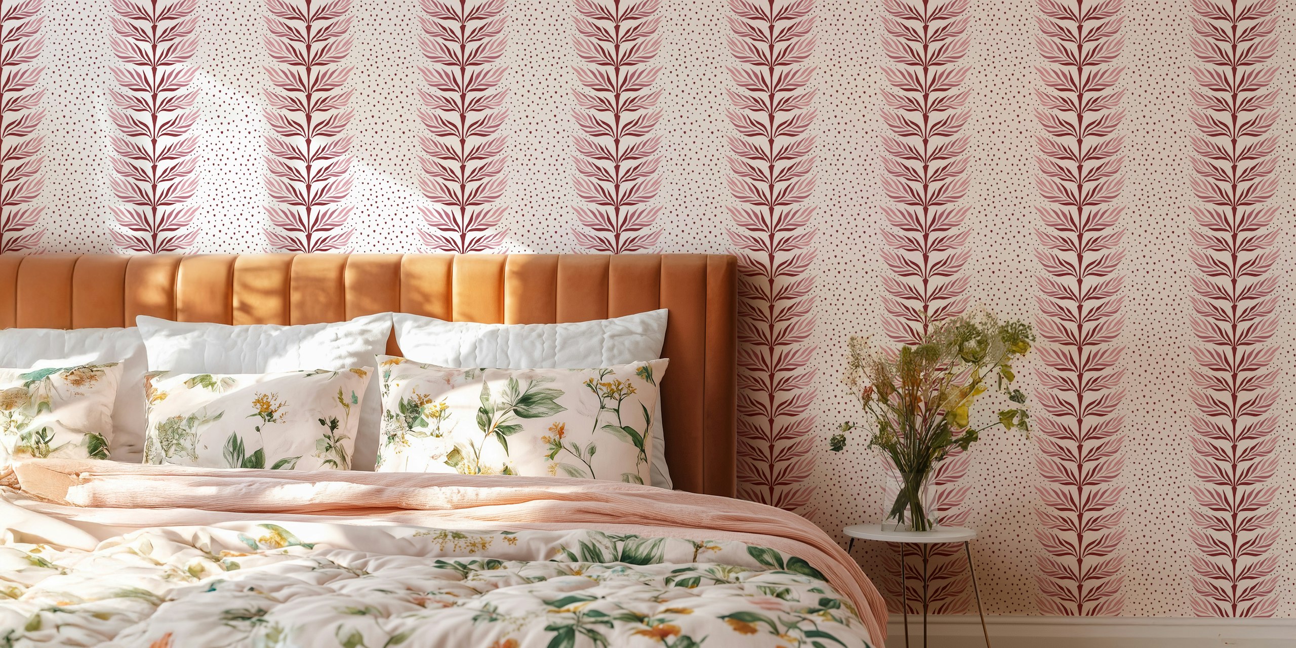 Burgundy palm leaf stripe wallpaper in a room