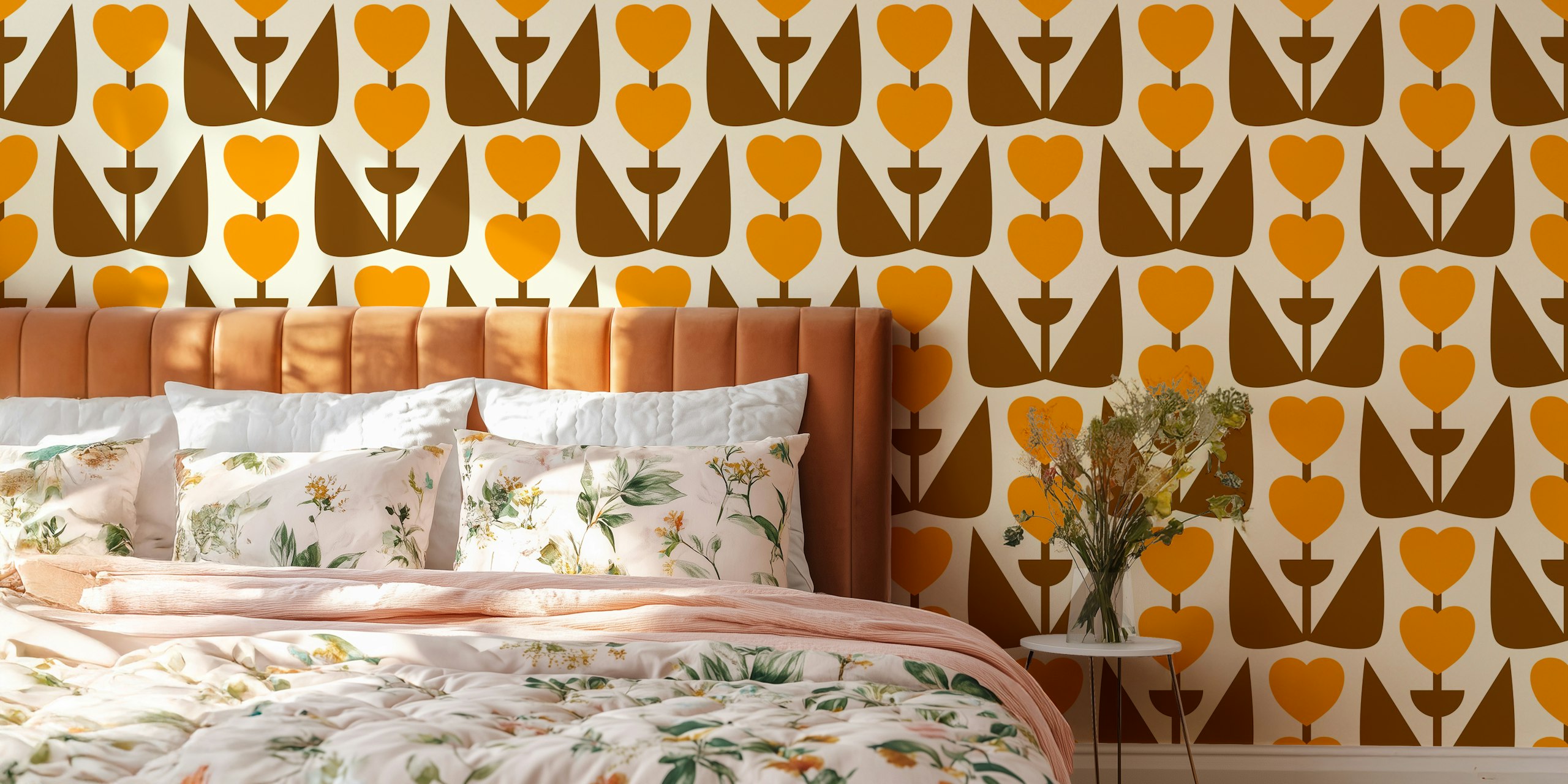 Retro Heart Flowers Yellow Brown wallpaper in a room