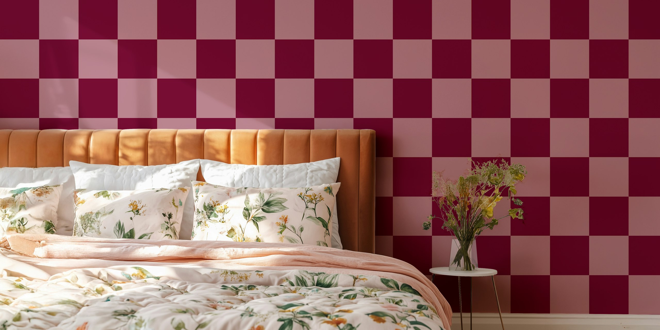 Elegant burgundy blocks wallpaper in a room