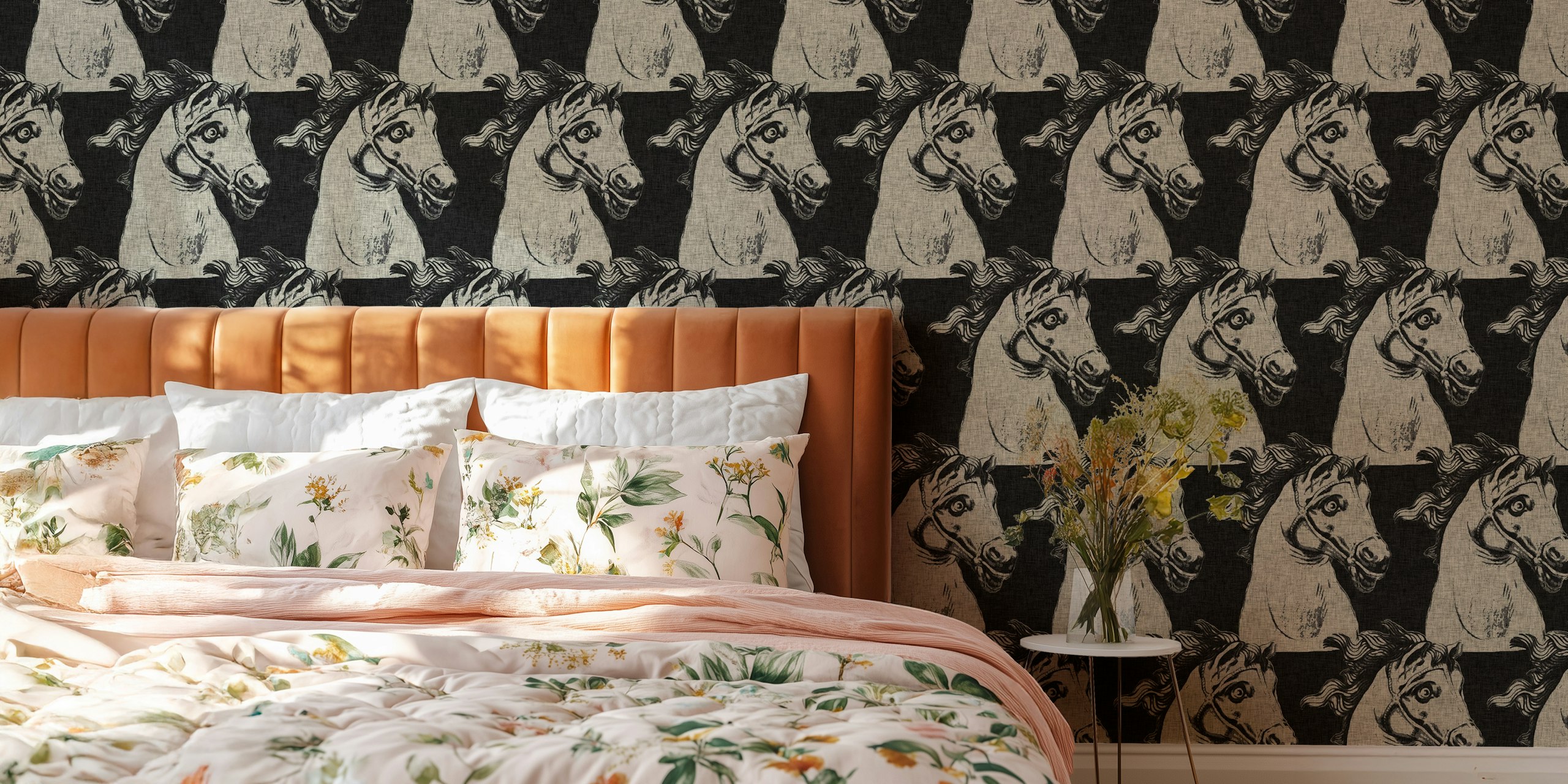 Dramatic horse wallpaper in a room